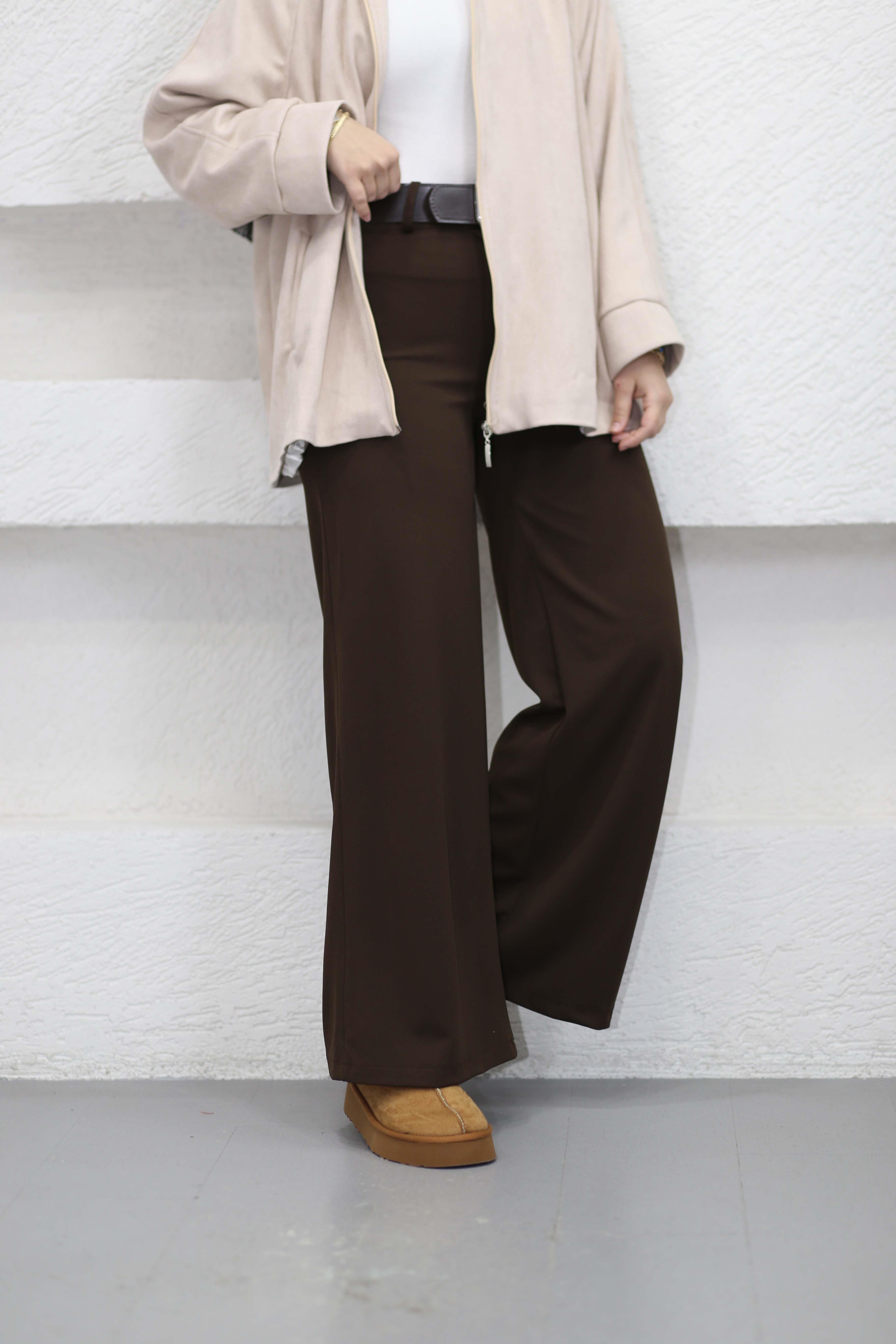 Deri Kemerli Bol Paça Pantolon Kahverengi 328