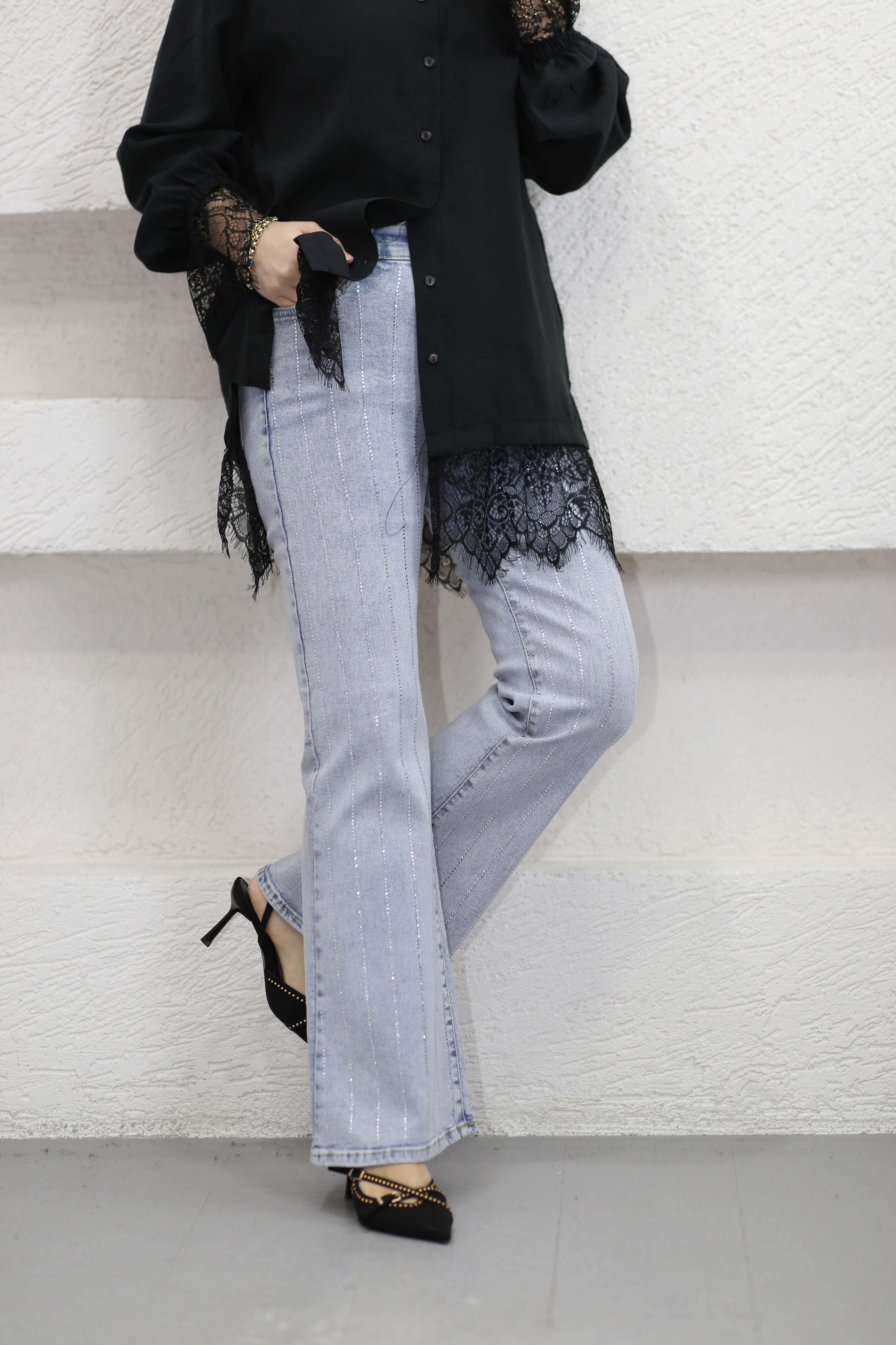 Taş Şeritli İspanyol Pantolon Açık Mavi 4609