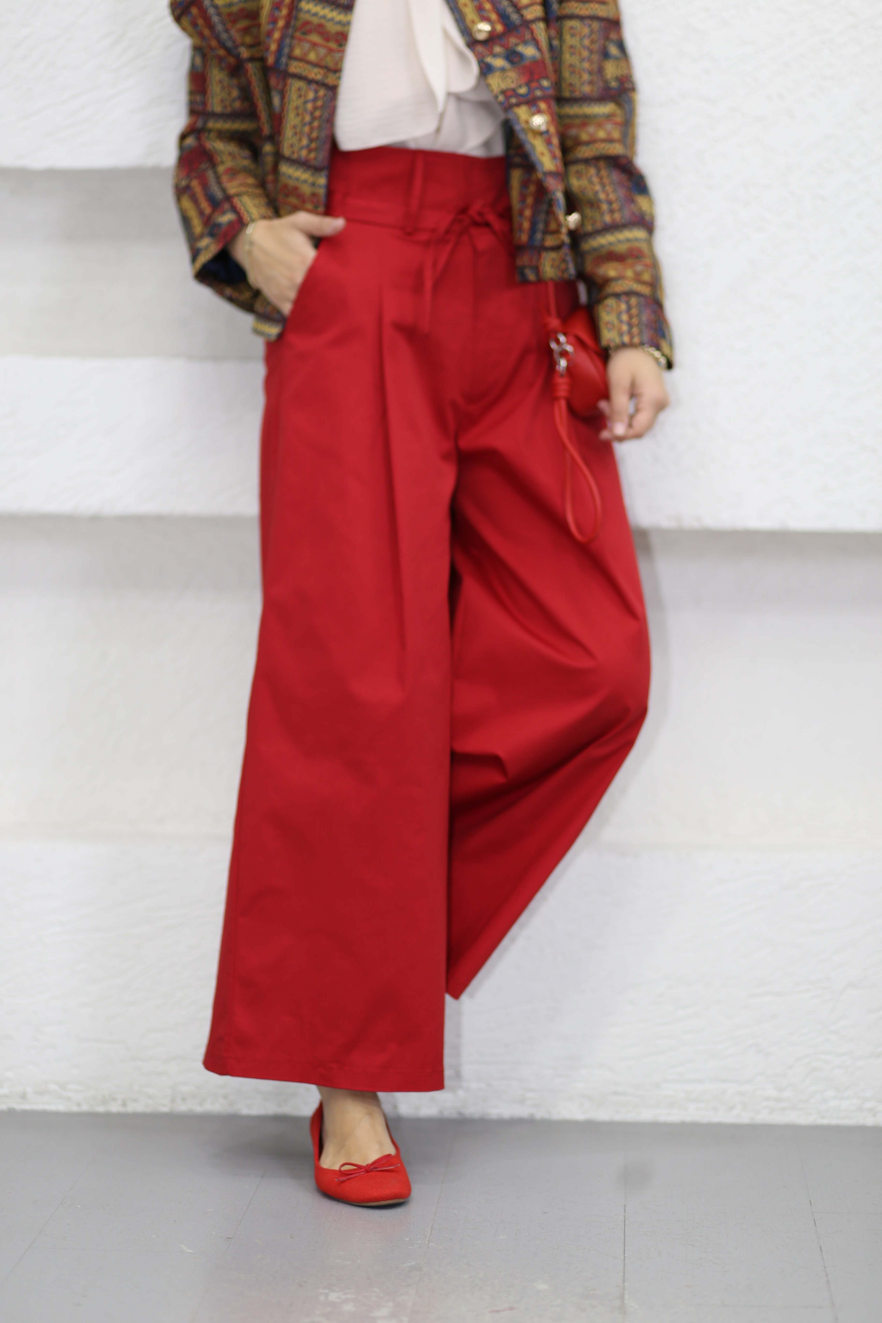 Geniş Paça Gabardin Pantolon Kırmızı 8766