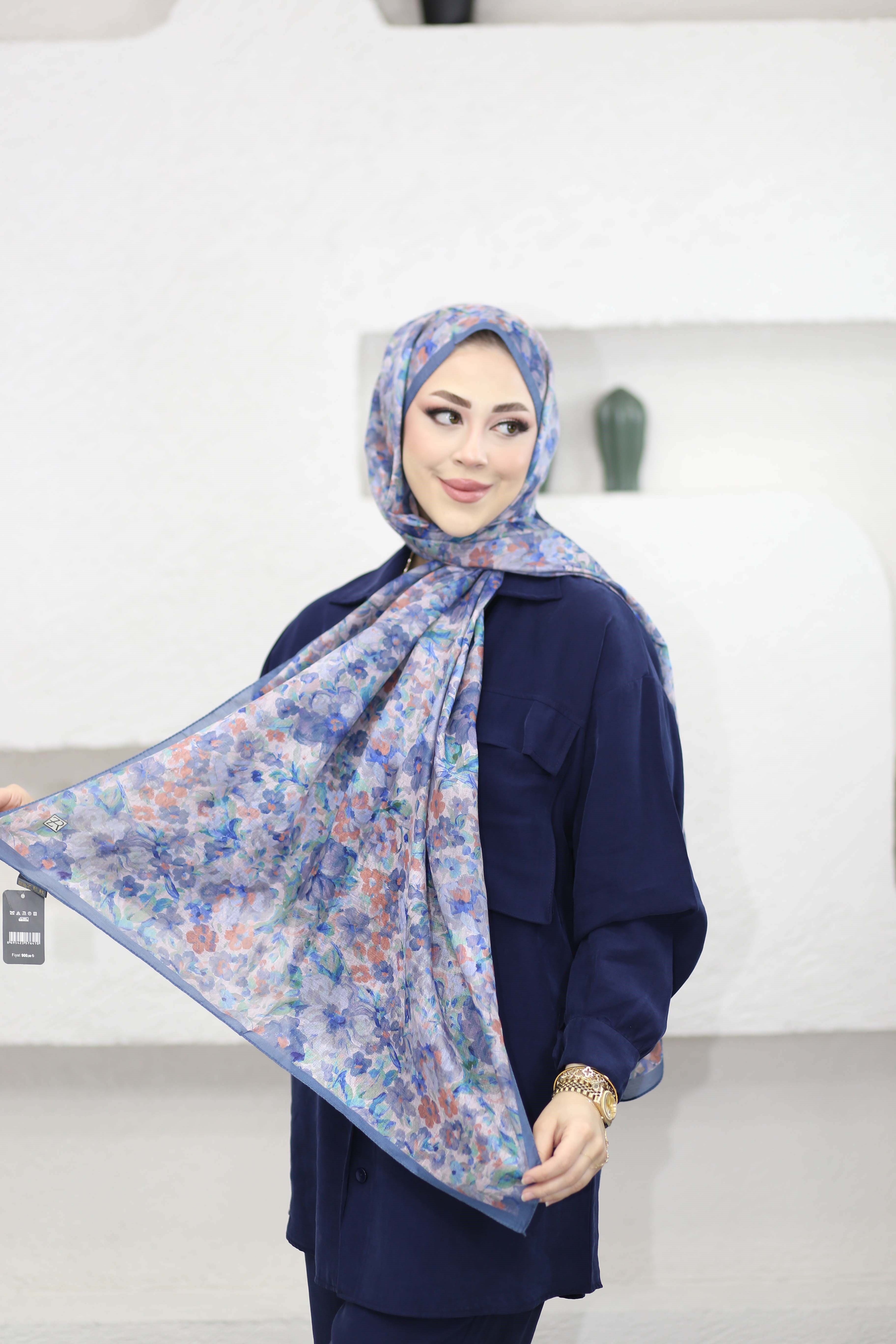 Karanfil Desen Şal Petrol Mavisi 5101