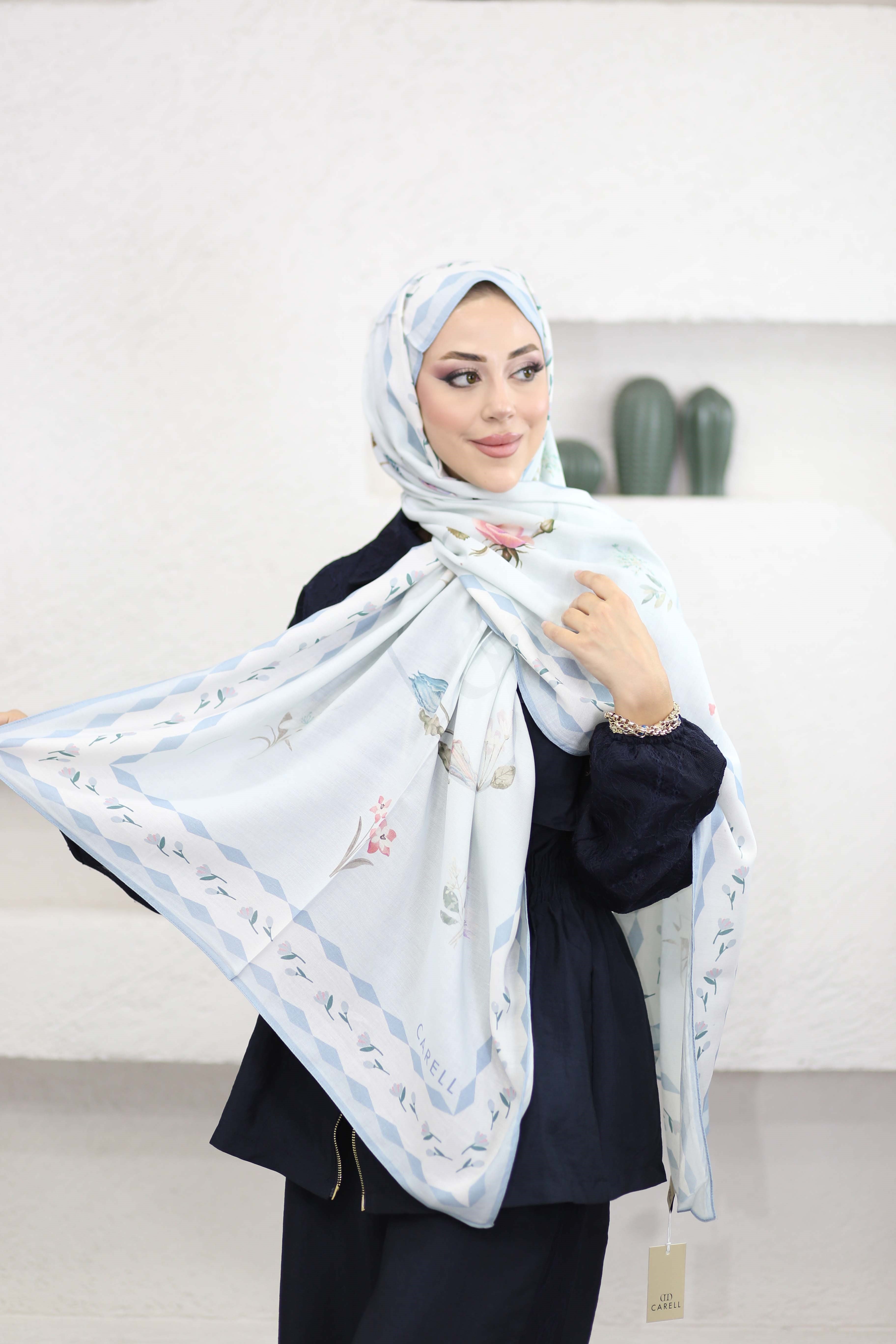 Fiora desen yünlü şal Buz Mavisi 01031