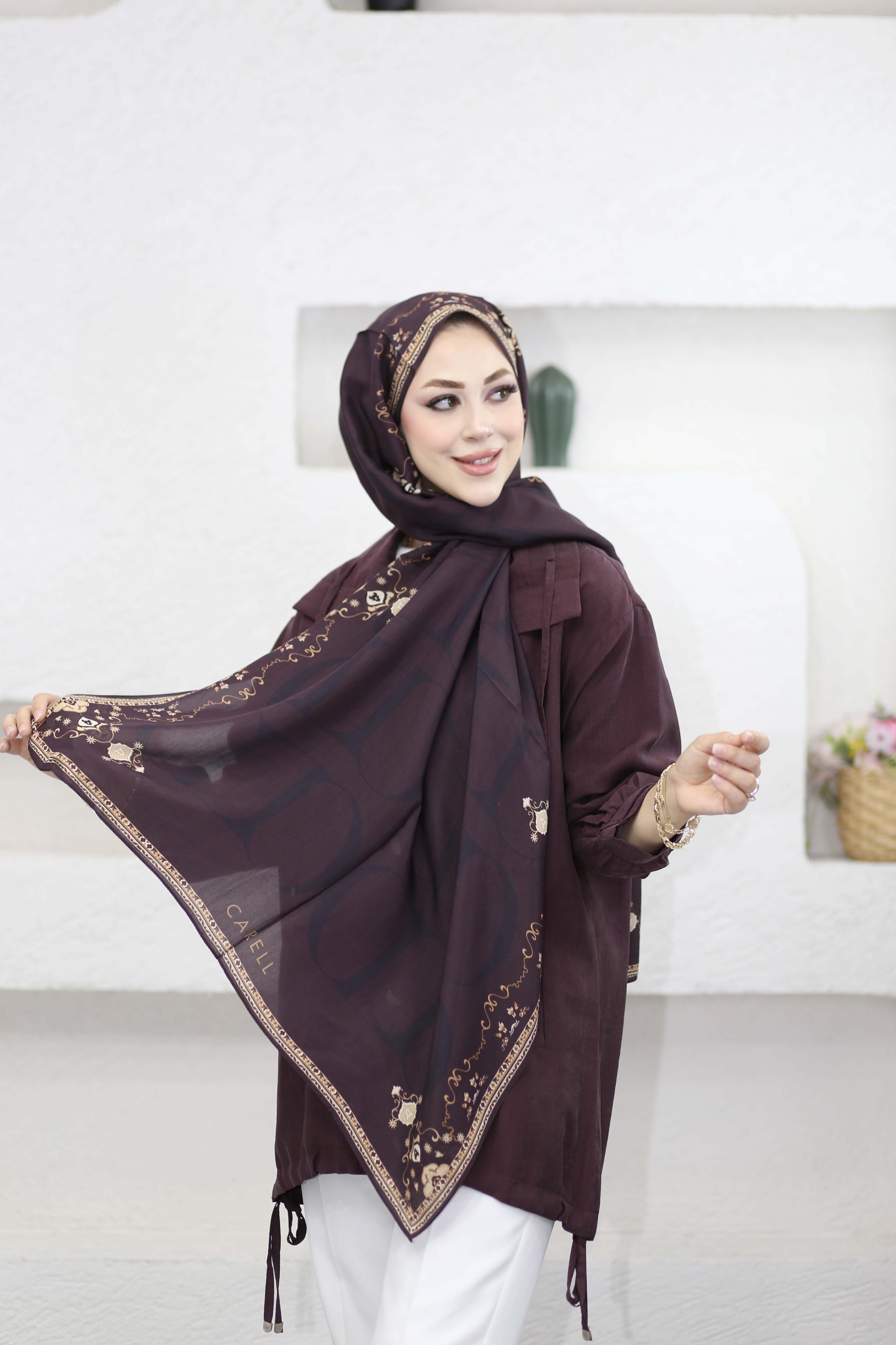 Luxe Monogram Çiçekli  Floş Şal Kahverengi 7156