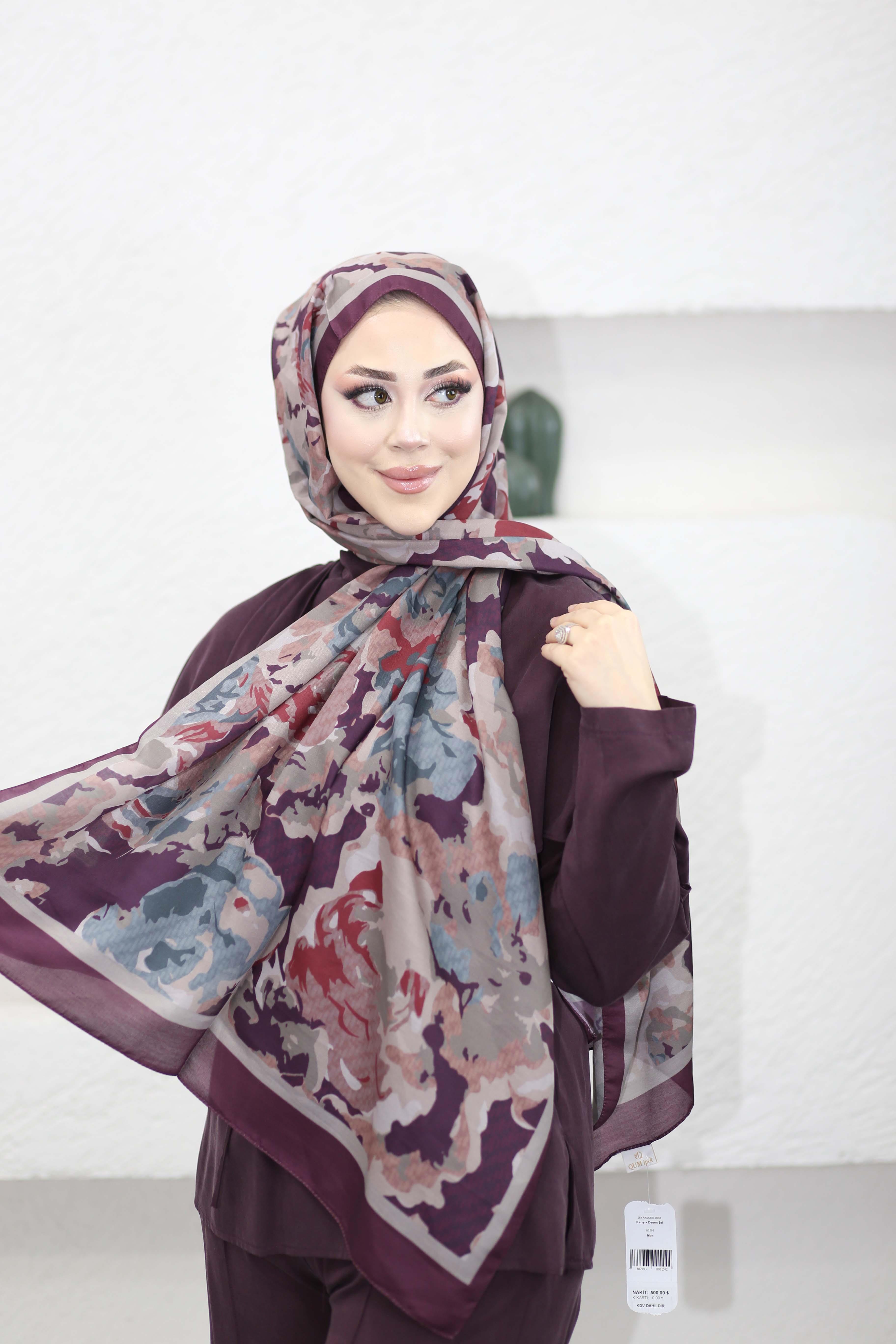 Karışık Desen Şal Mor 6104