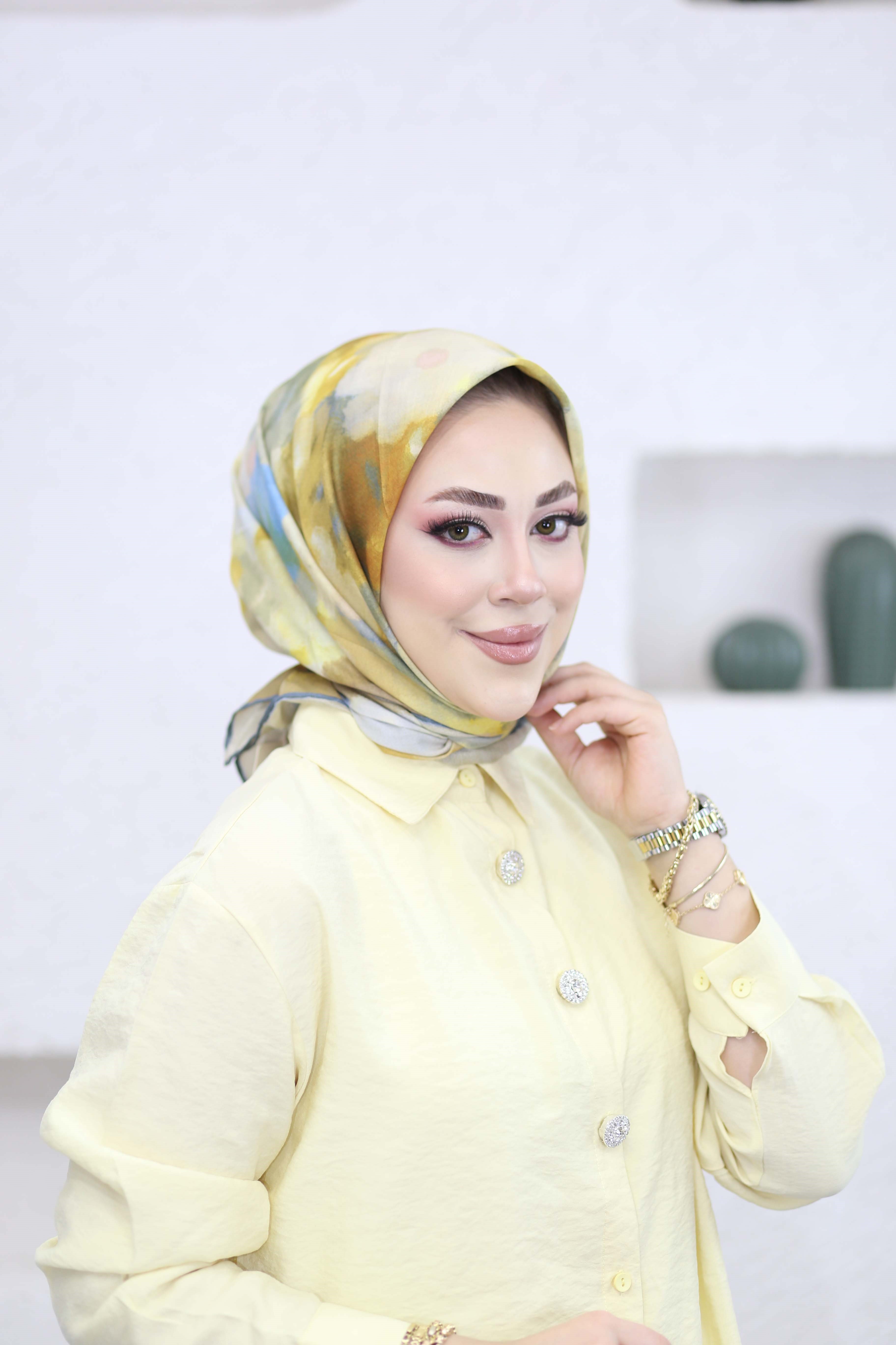 Çiçekli Ebruli Eşarp Hardal 8251