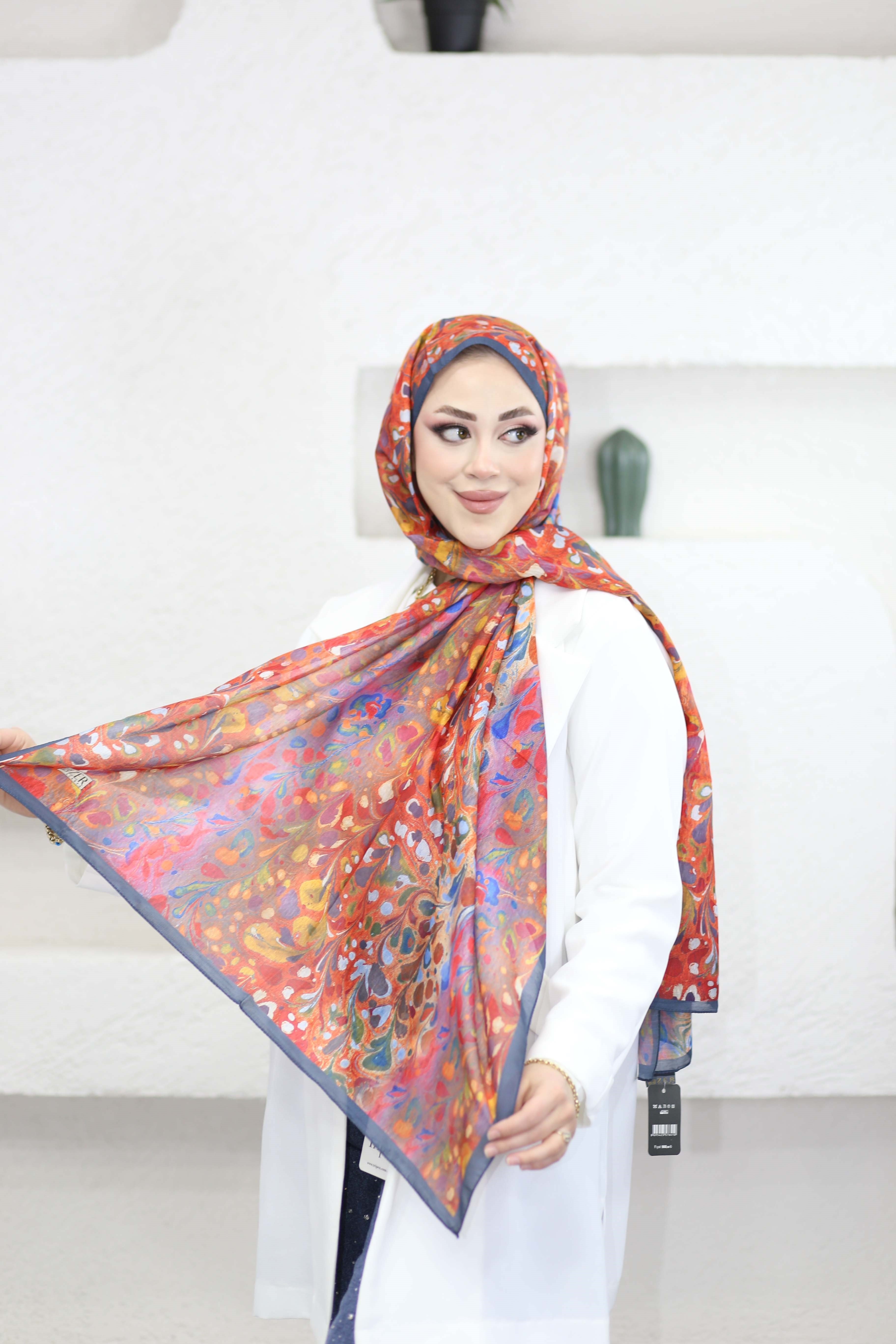 Ebruli Desen Şal Lacivert 6071