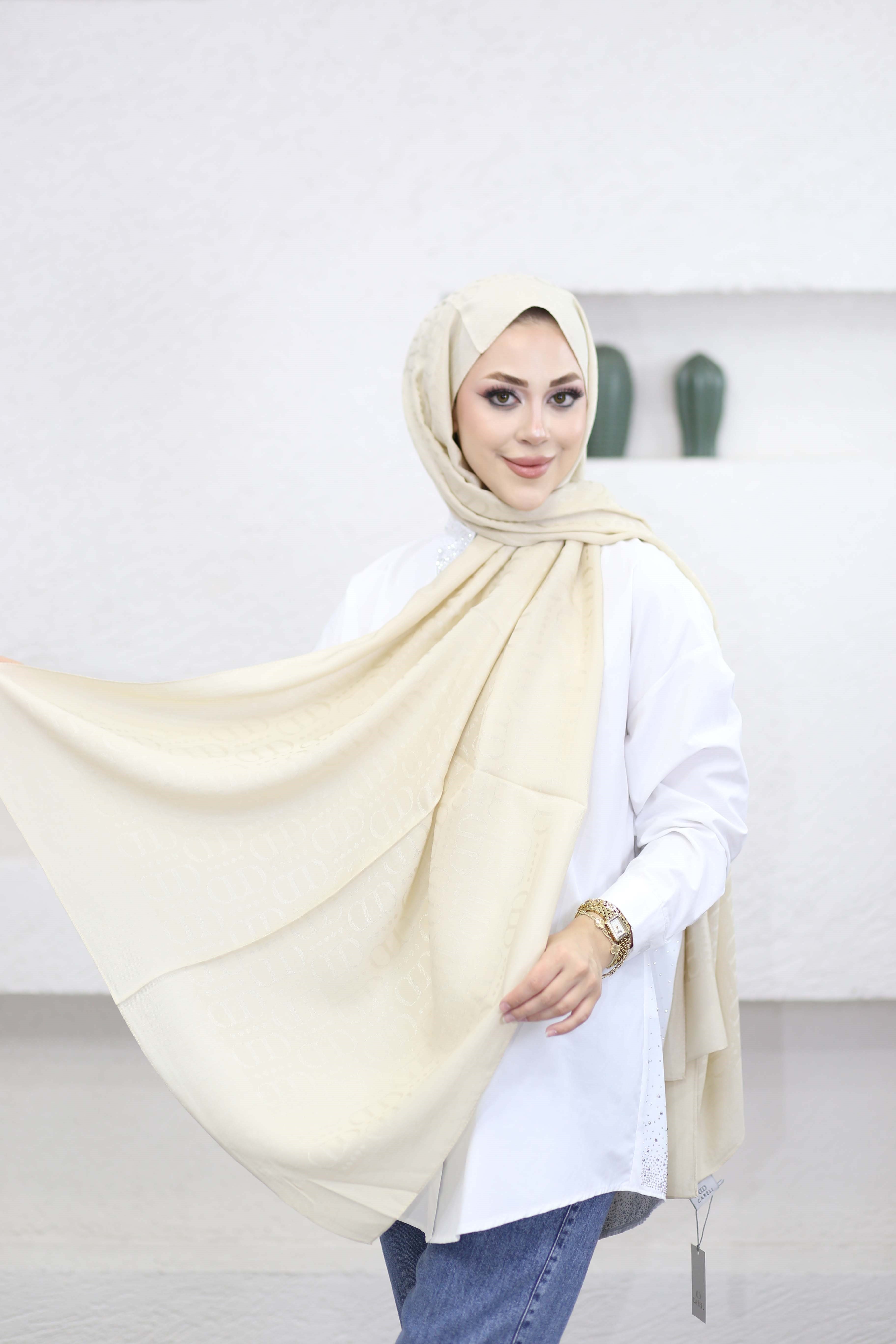 Luxe Desen Liora Pamuk Şal Bej 2163