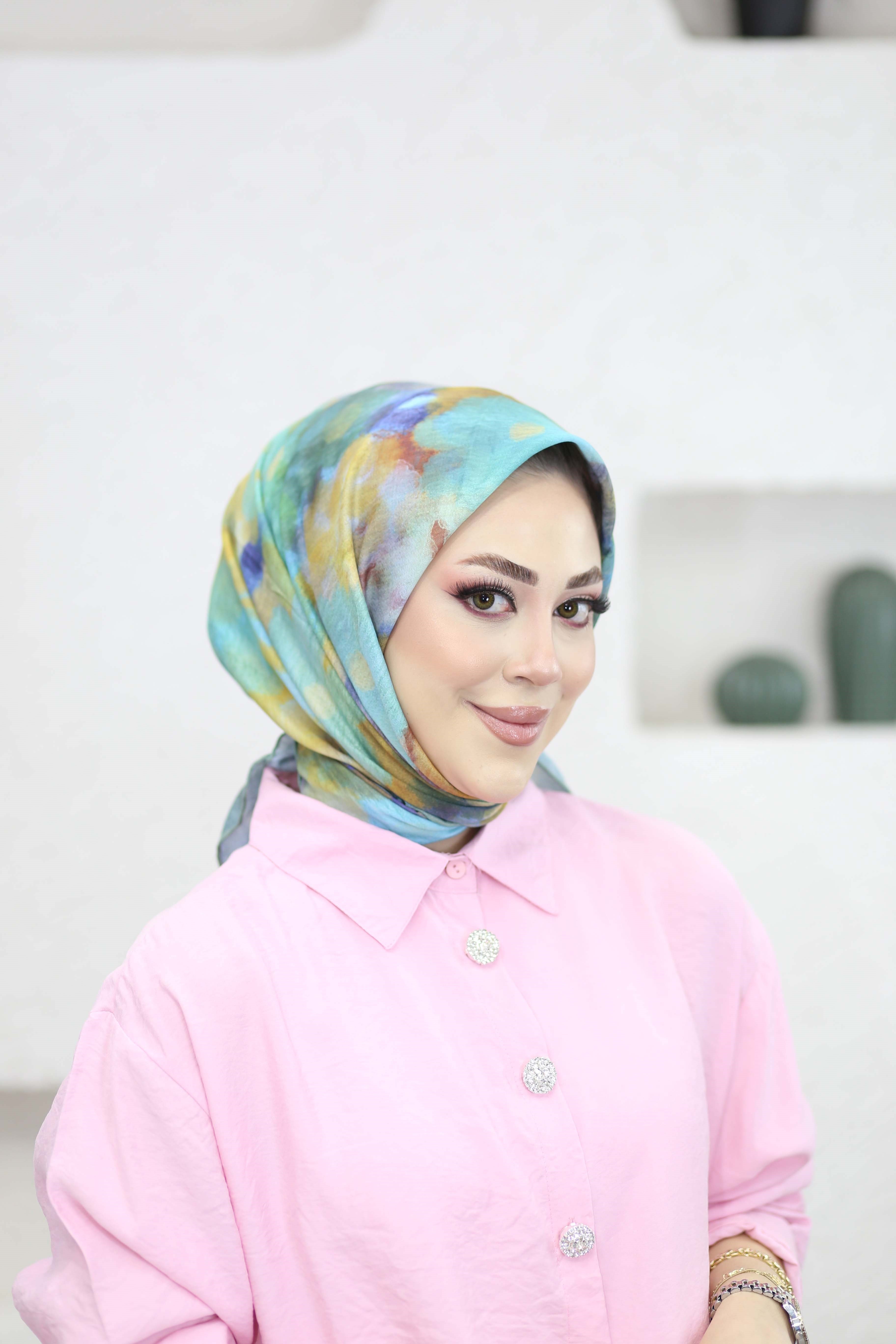 Çiçekli Ebruli Eşarp Turkuaz 8251