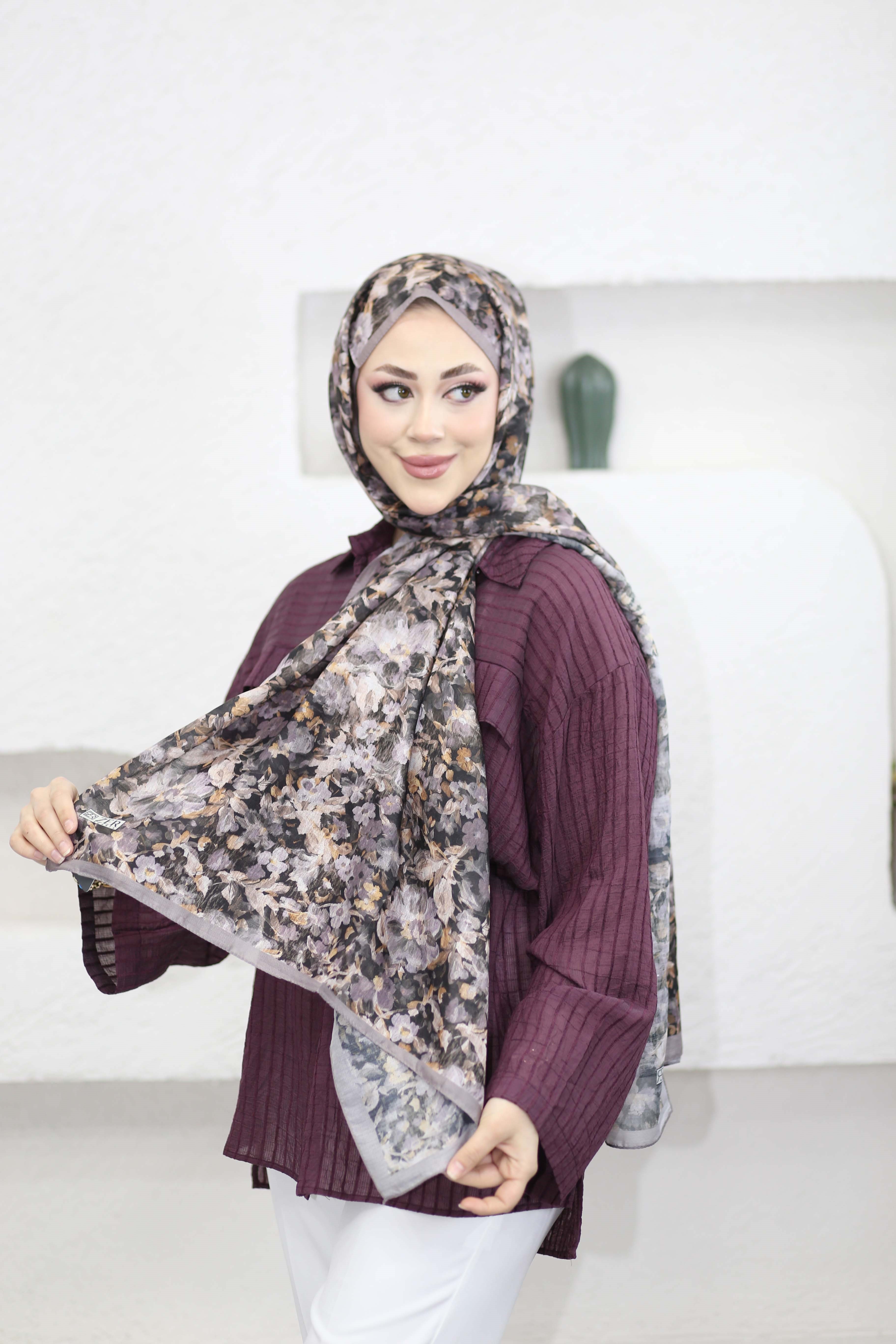 Karanfil Desen Şal Gri 5101