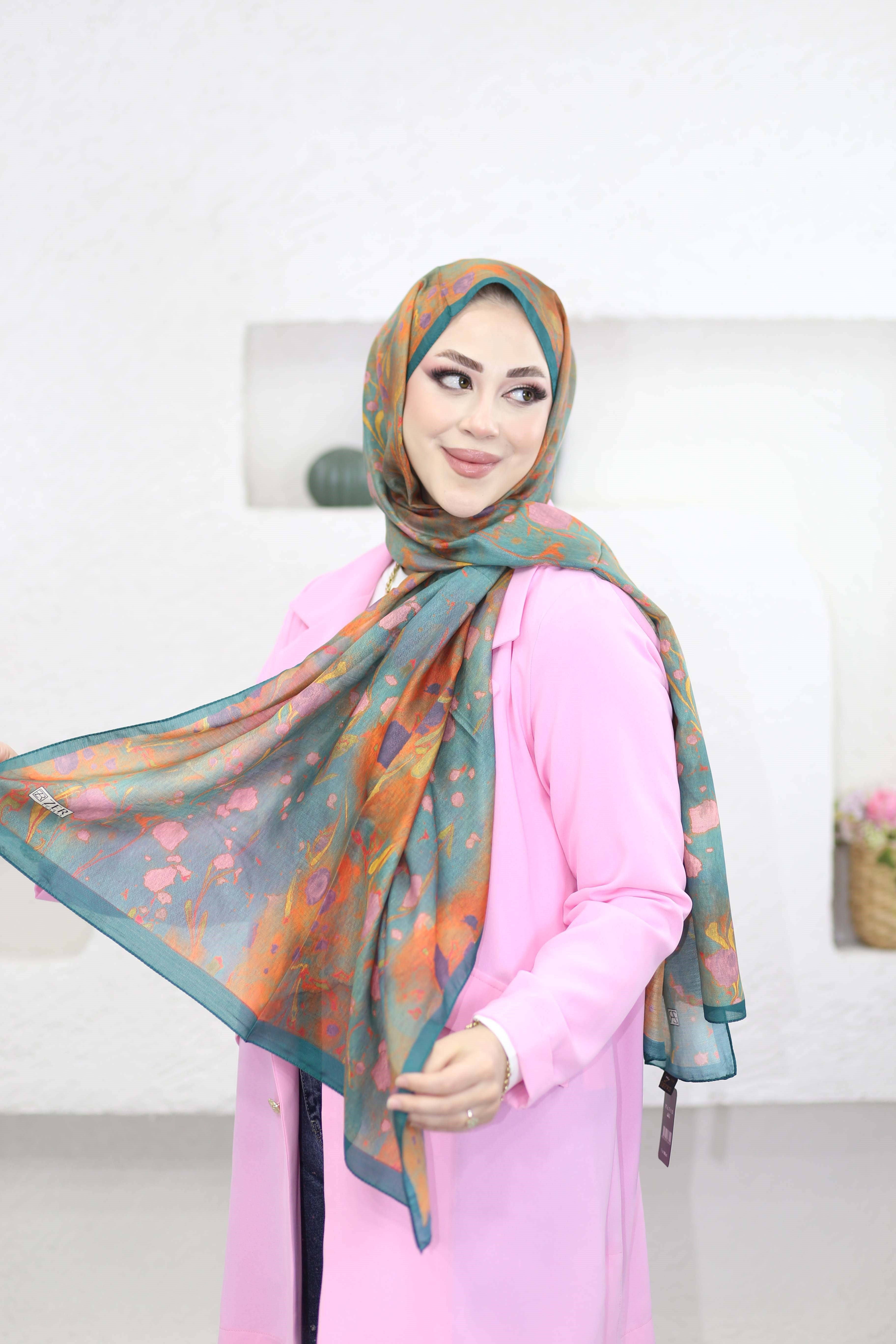 Ebruli Desen Şal Zümrüt Yeşili 6071