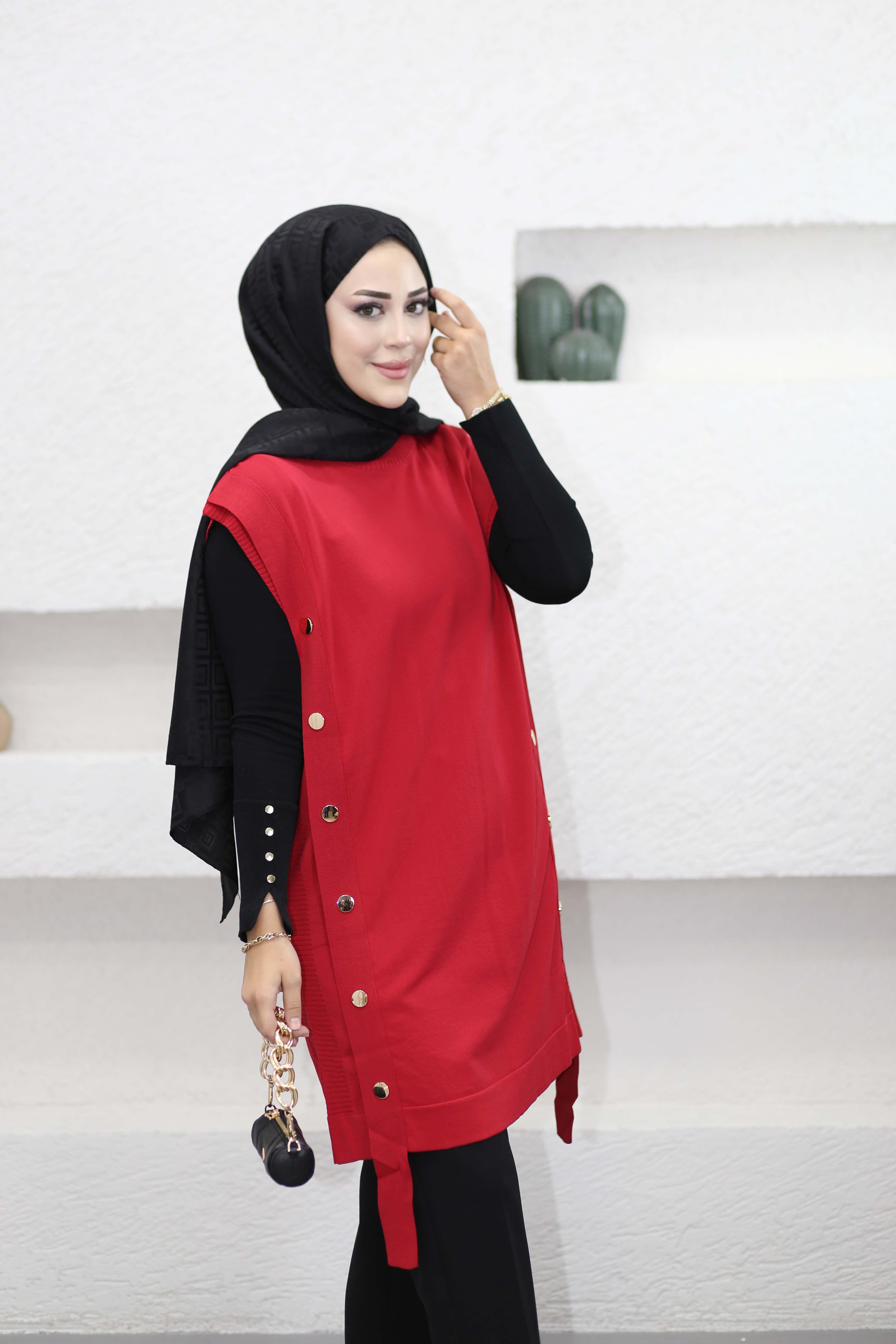 Çıtçıtlı Uzun Süveter Kırmızı 140371