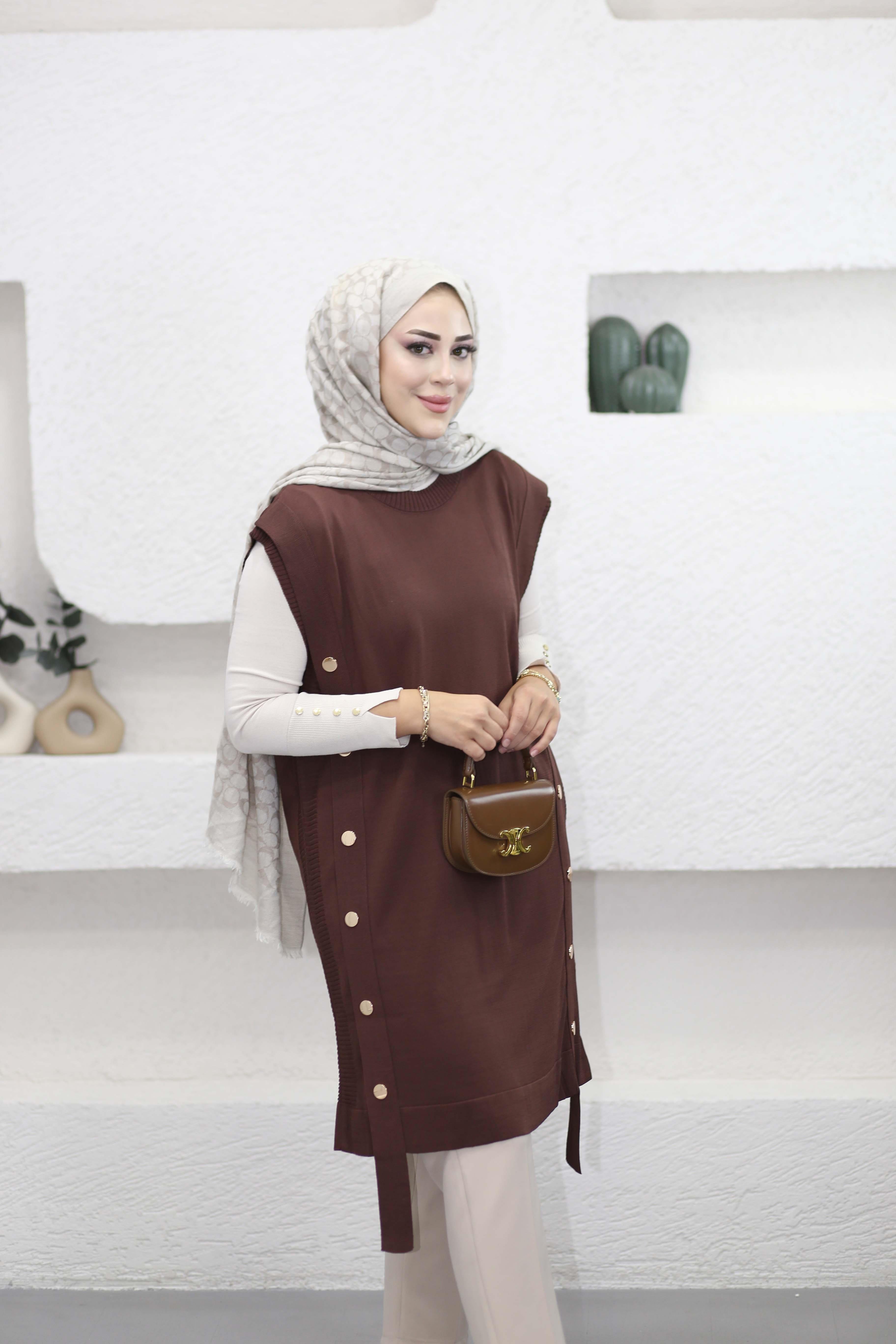 Çıtçıtlı Uzun Süveter Kahverengi 140371