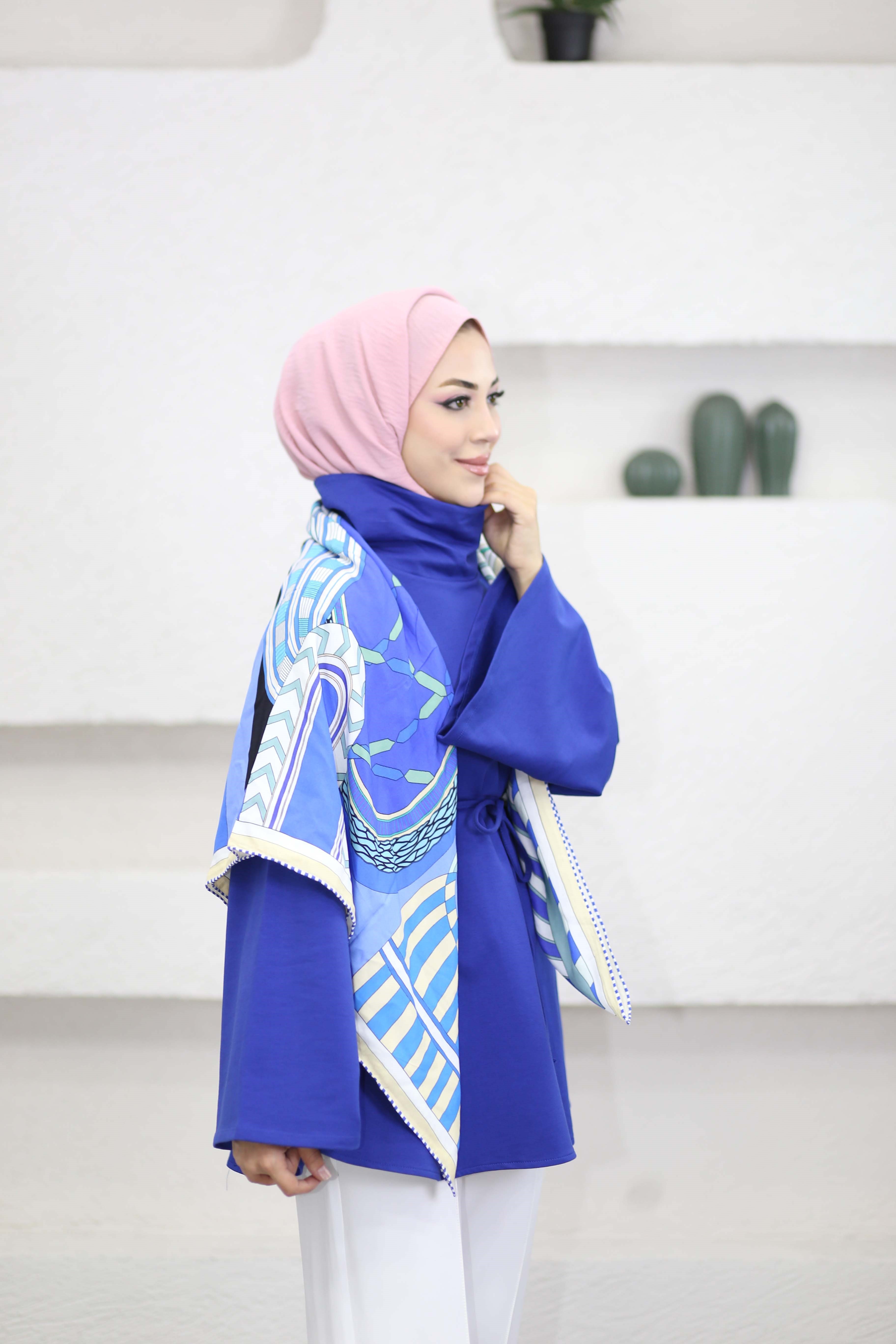 Bel Bağlamalı Dik Yaka Tunik Saks 3540