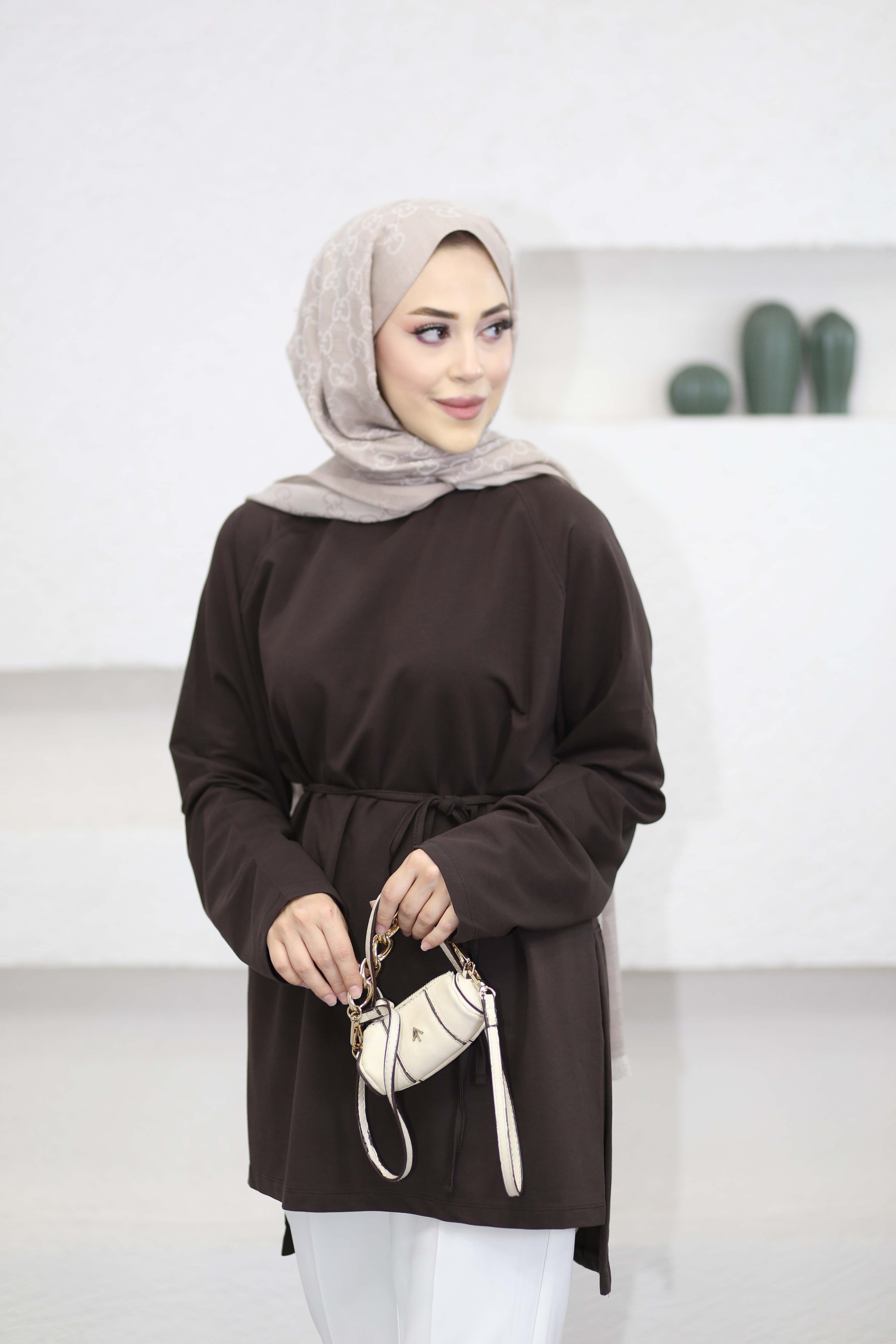 Bel Bağlamalı Tunik Kahverengi 3548