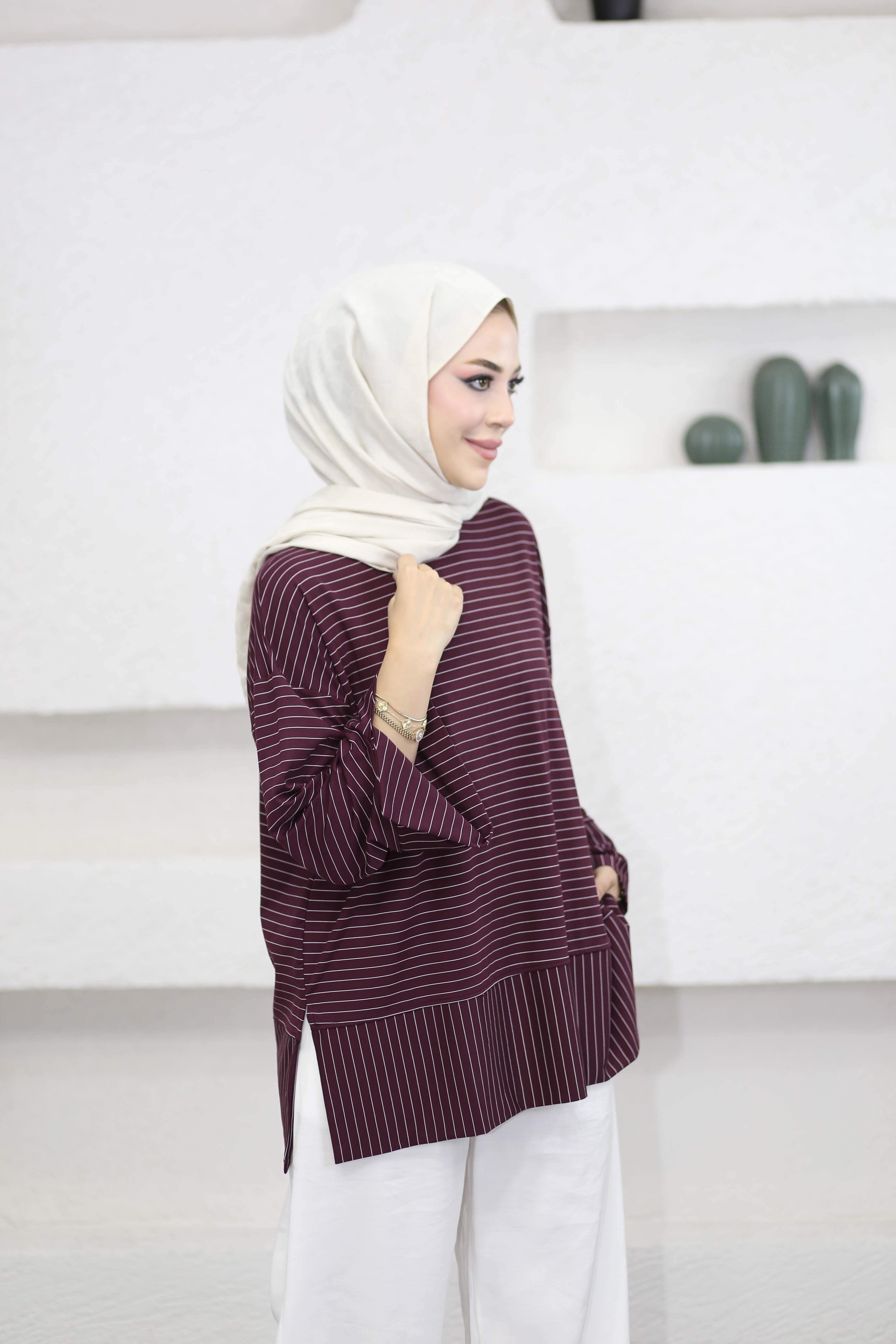 Çizgili Penye Tunik Mürdüm 5023
