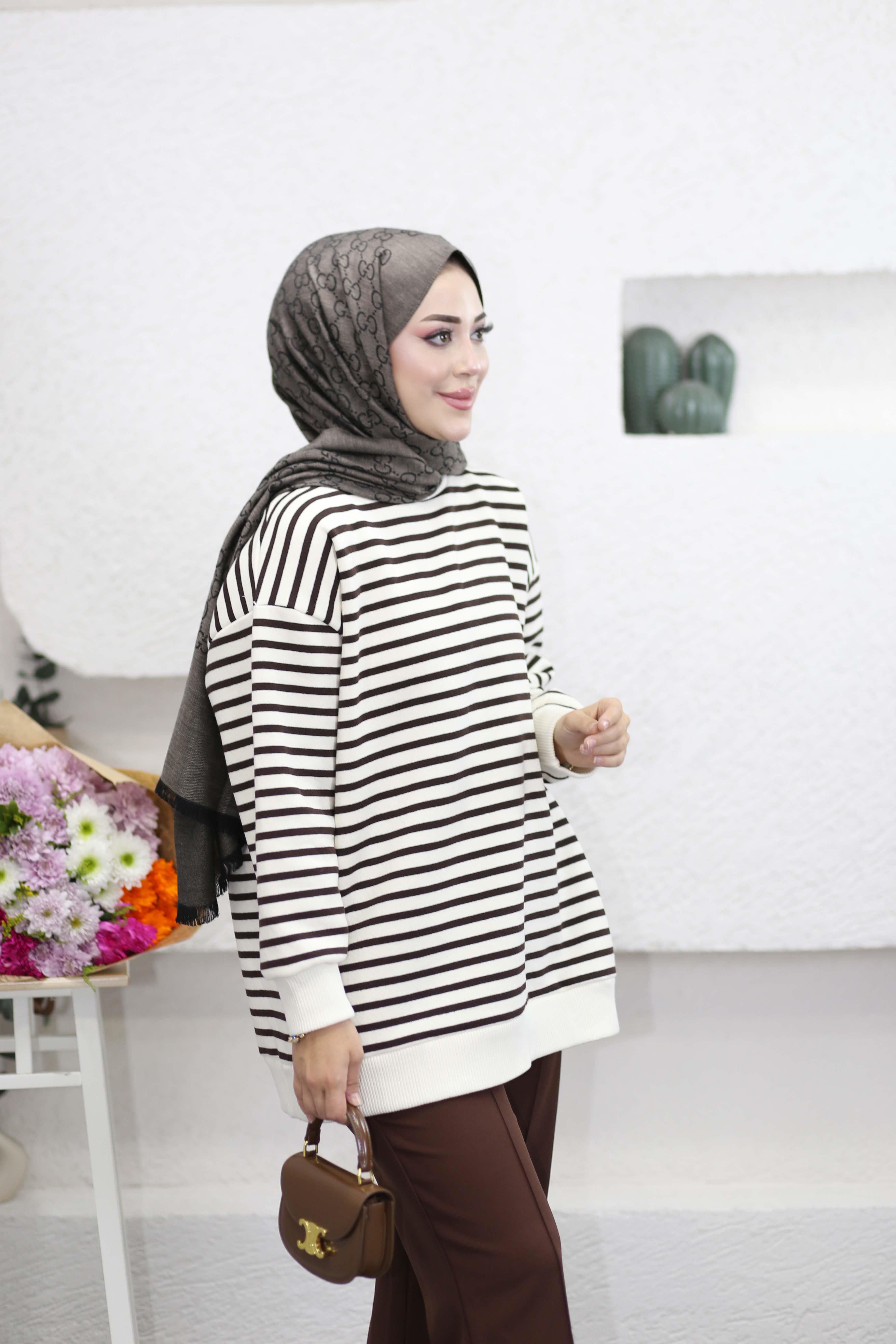 Oversize Çizgili Sweat Kahverengi 3030