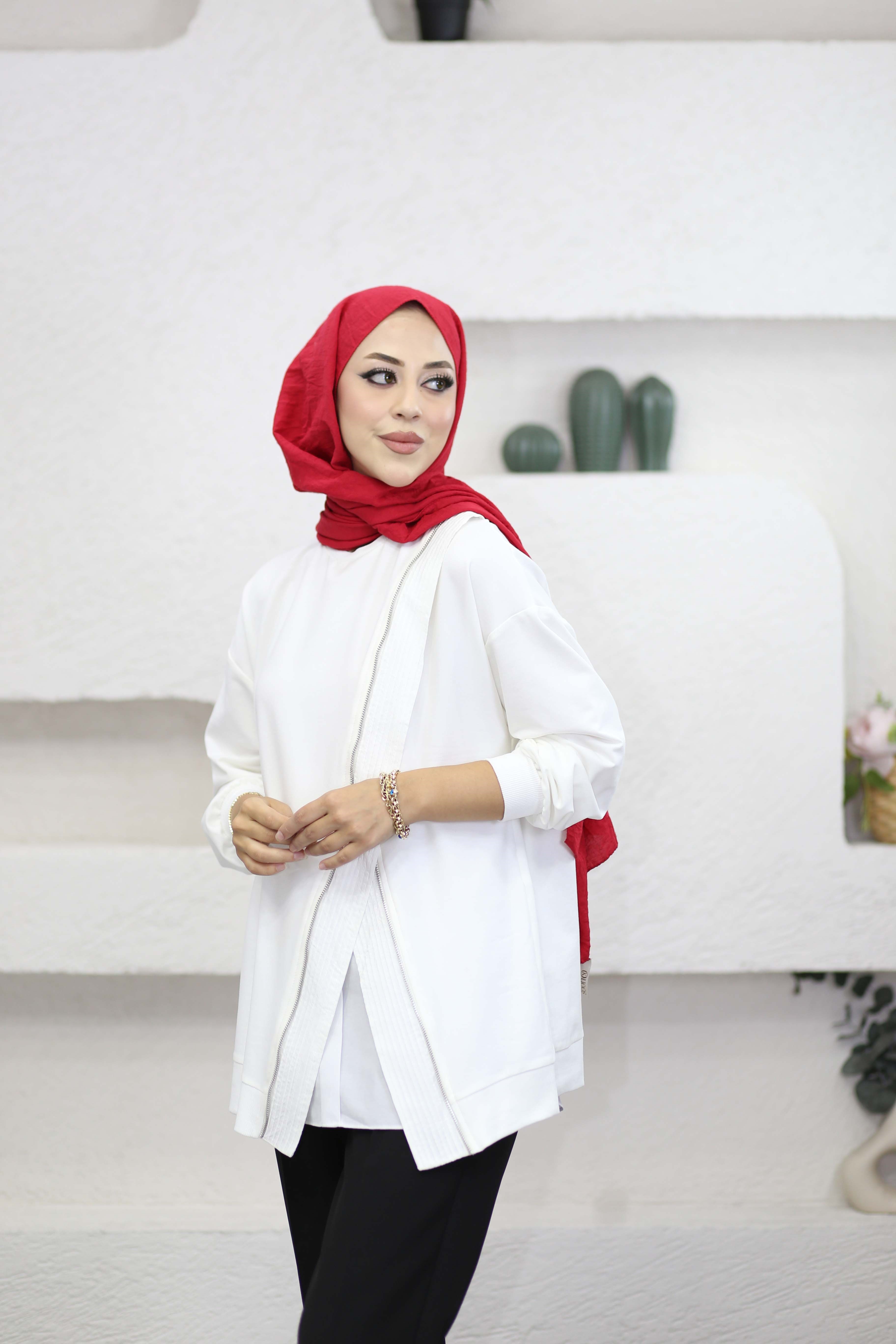 Çapraz Fermuarlı Sweat Beyaz 10771
