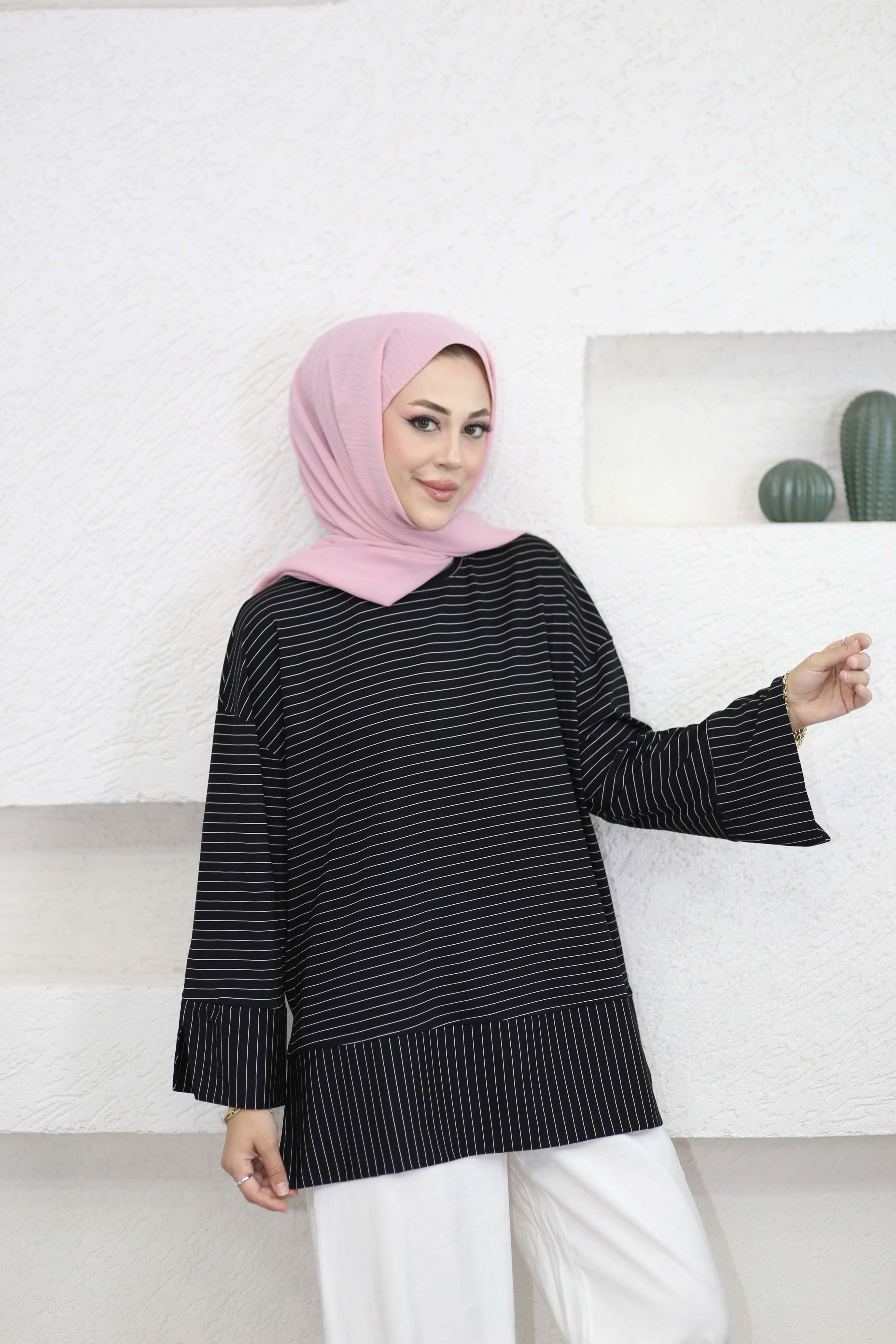 Çizgili Penye Tunik Siyah 5023