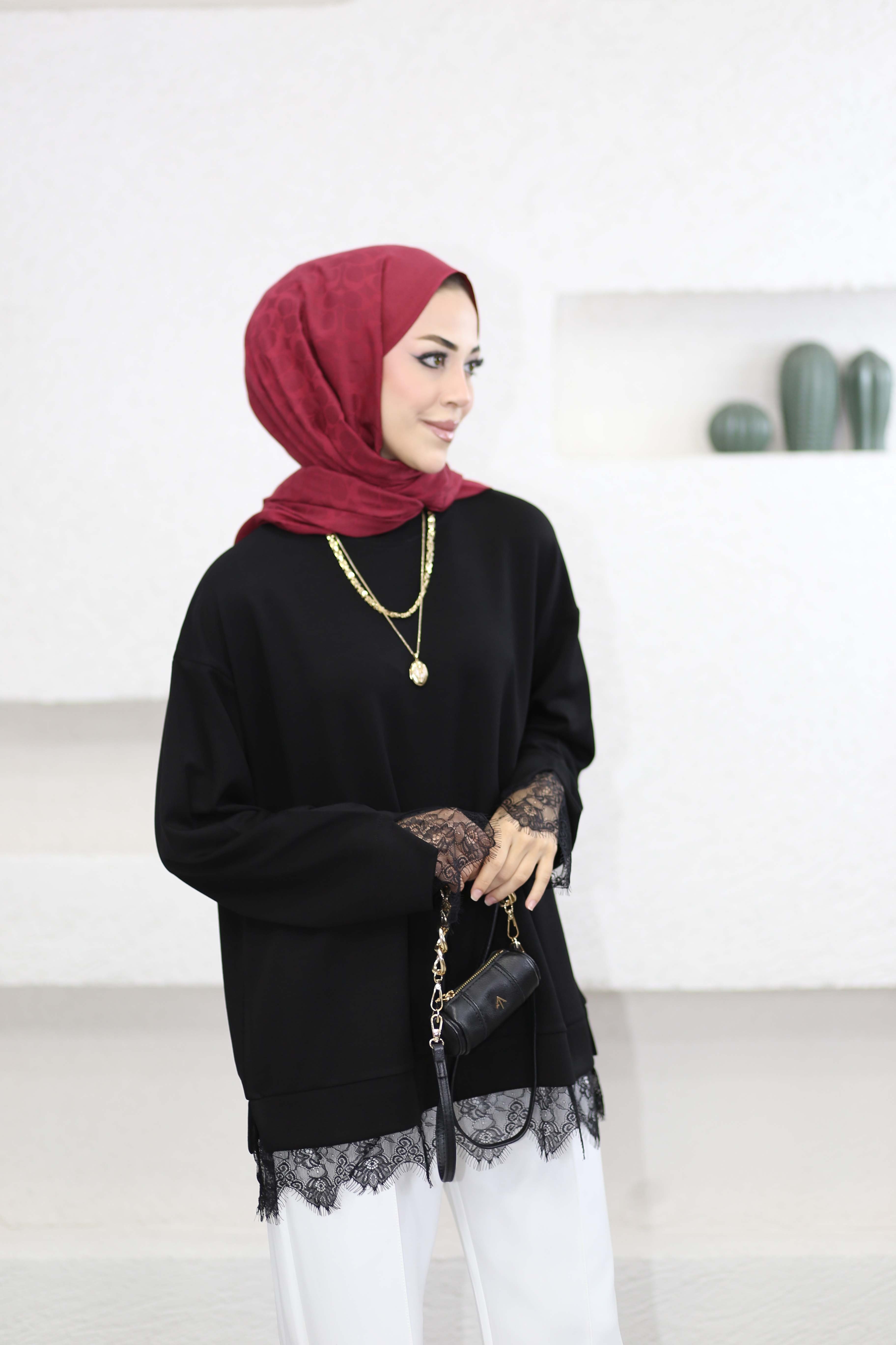 Dantel Detay Yıldız Sweat Siyah 6746