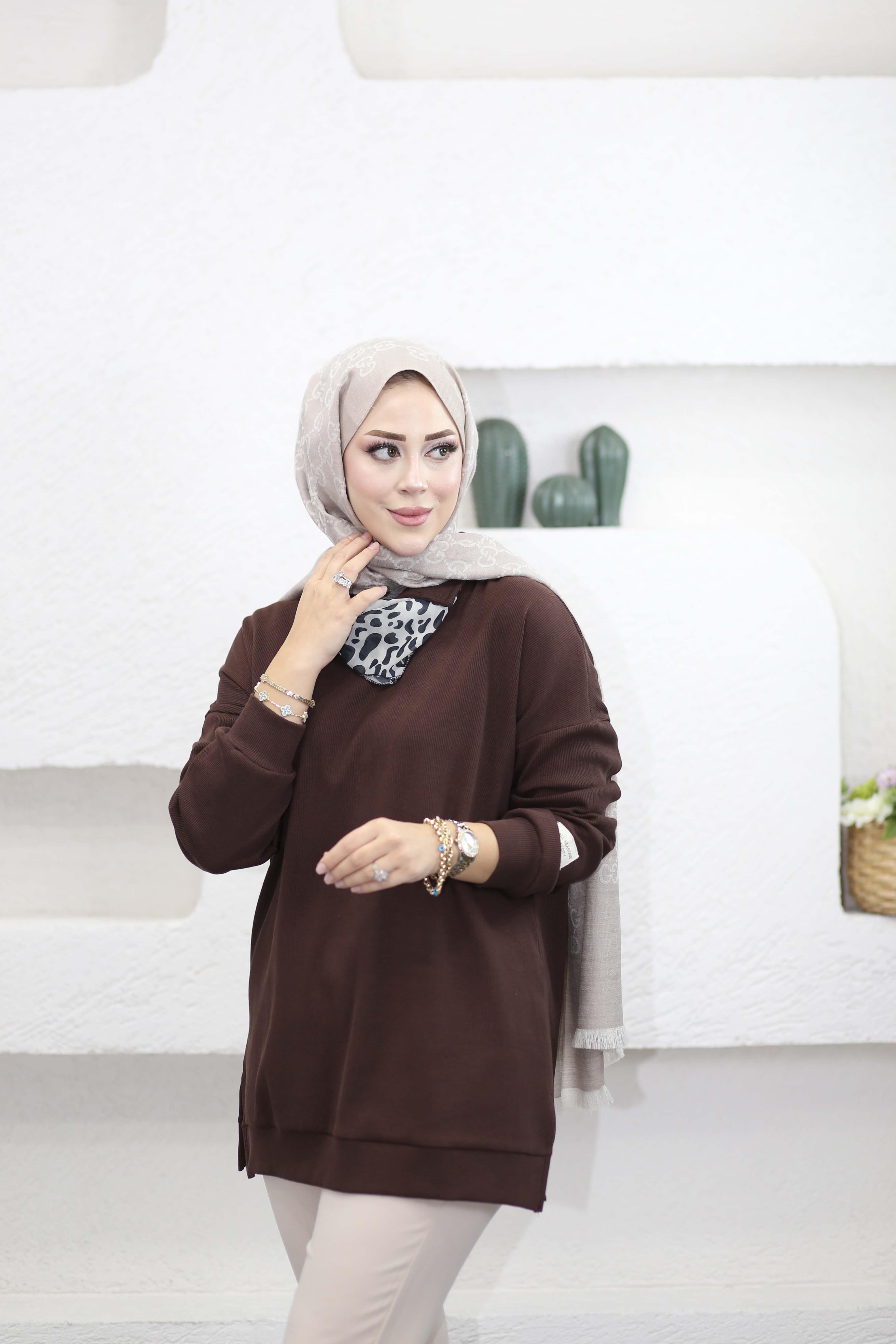 Leopar Fularlı Sweat Kahverengi 6110