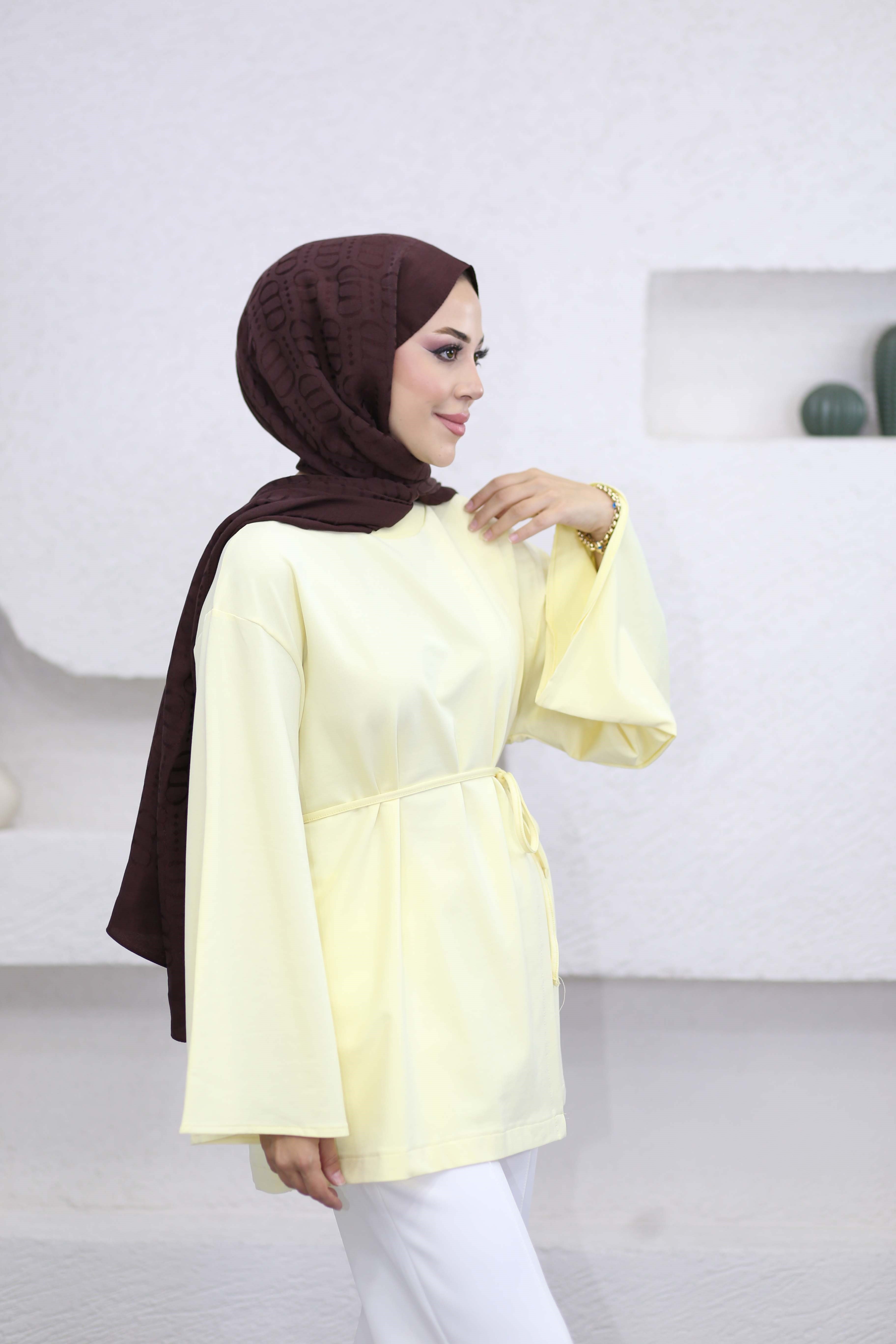 Asimetrik Kesim Bel Bağlamalı Tunik Sarı 3550