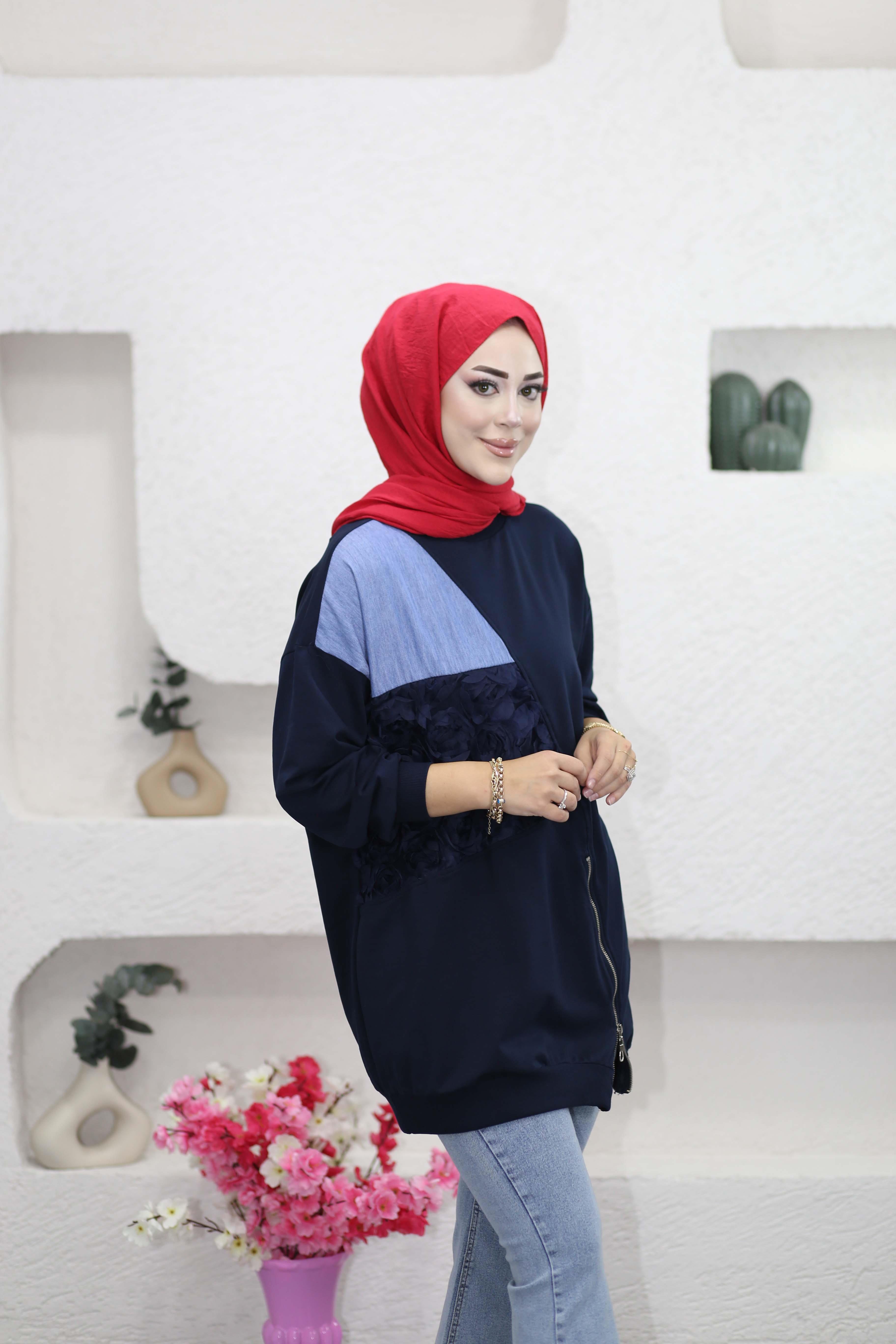 Tül Ve Kat Garnili Sweat Lacivert 3127