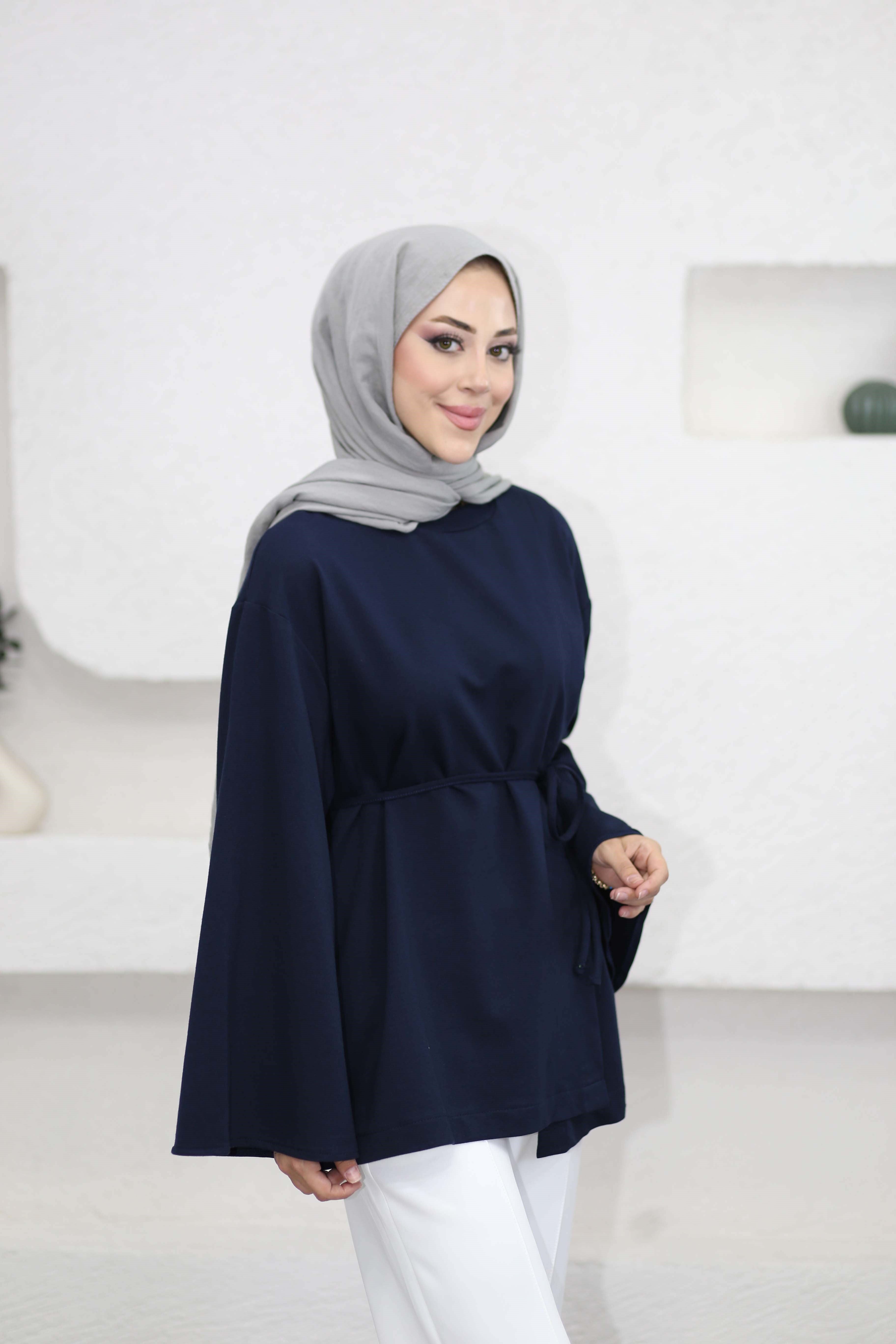Asimetrik Kesim Bel Bağlamalı Tunik Lacivert 3550