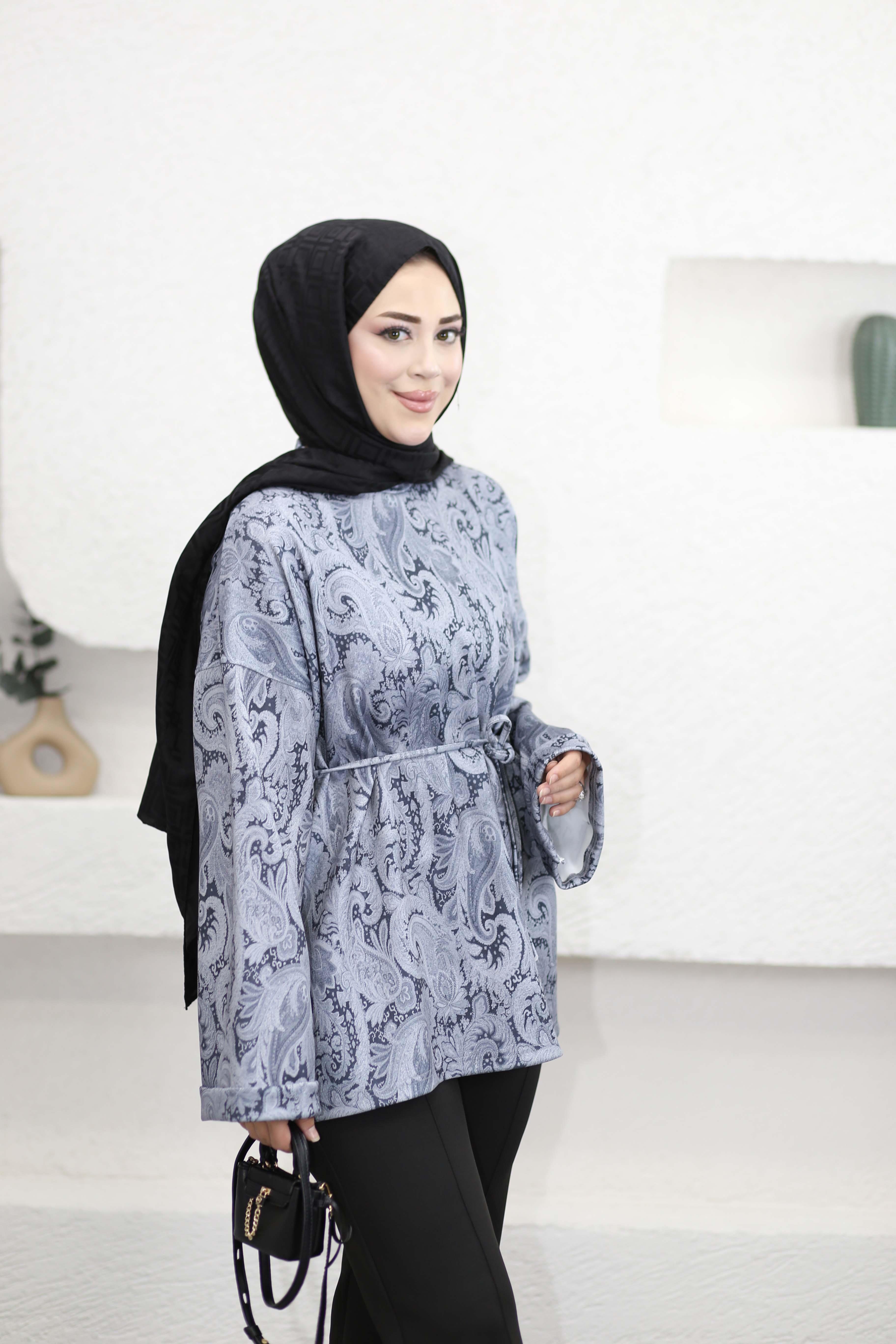 Etnik Desen Scuba Tunik Gri 1502