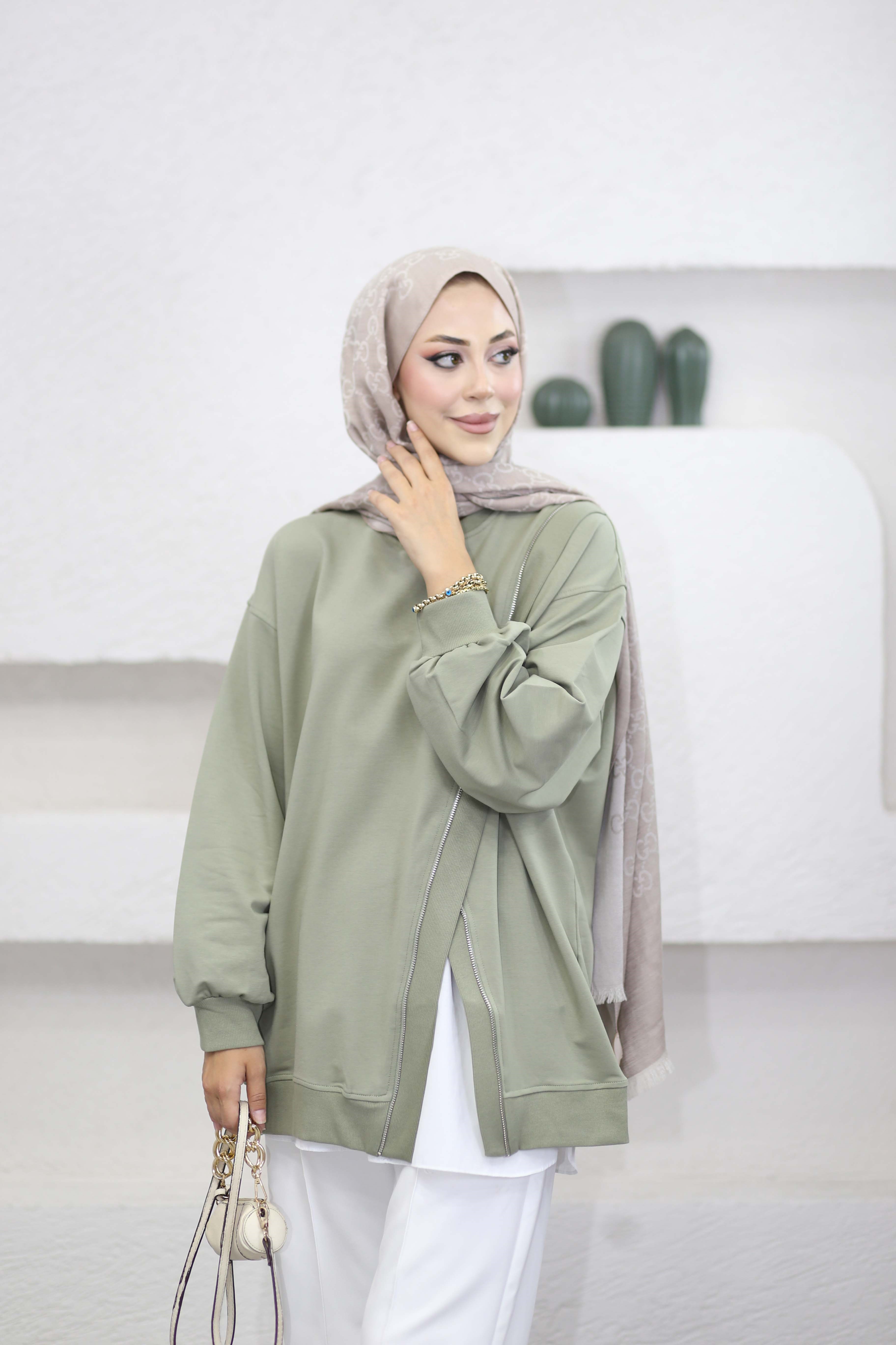 Çapraz Fermuarlı Sweat Çağla Yeşili 10771