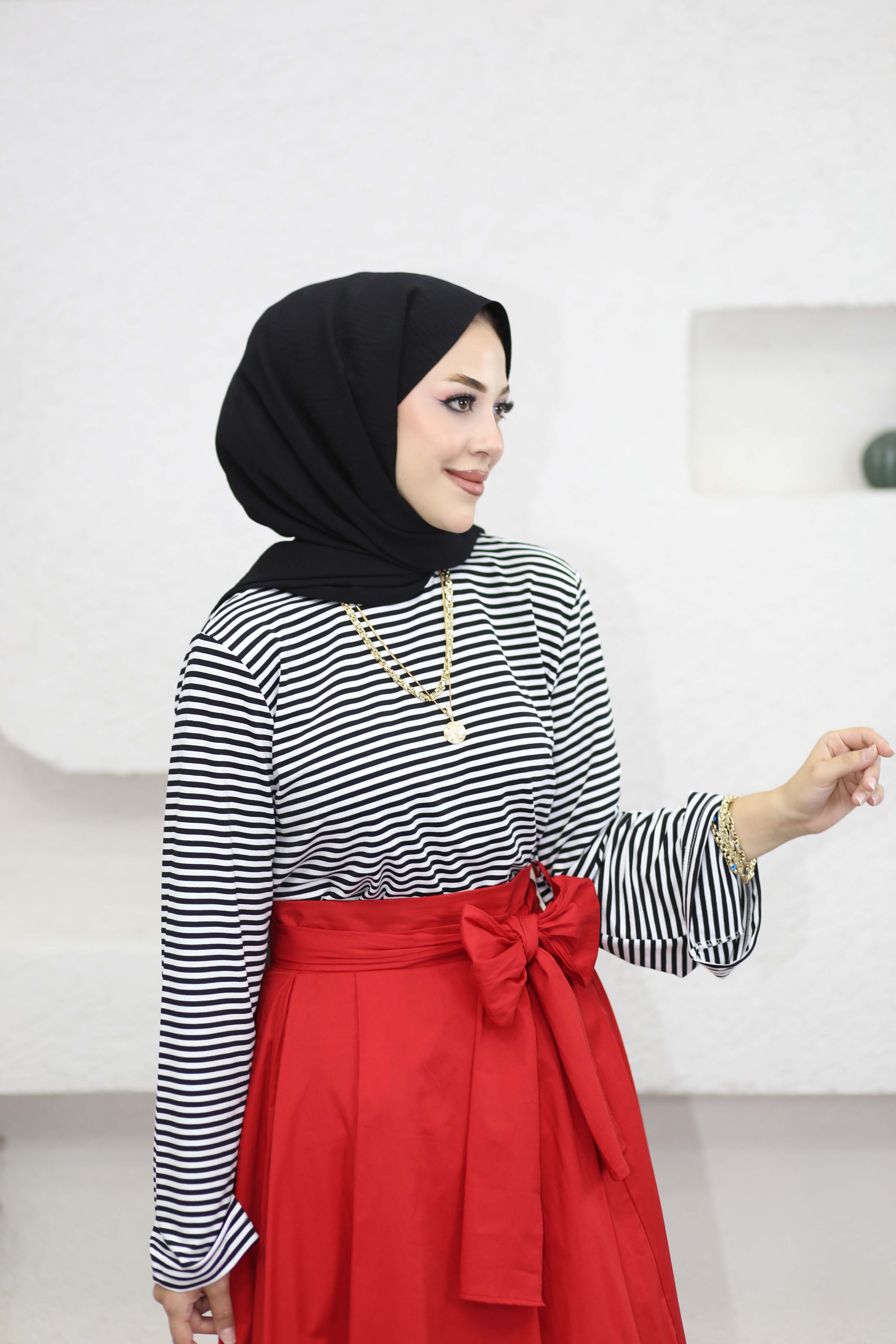 Çizgili Basıc Penye Tunik Siyah 9105