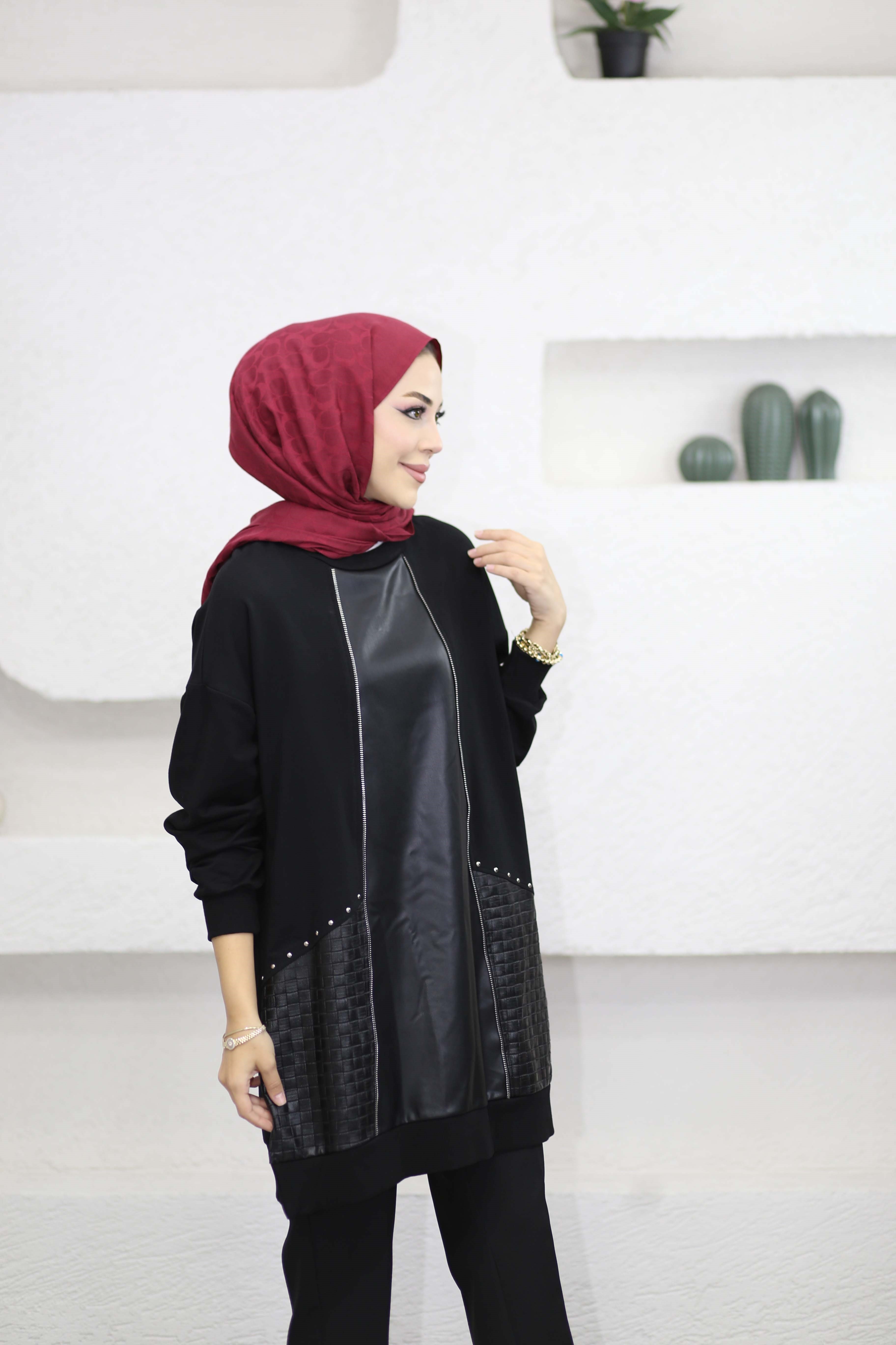 Deri Detaylı Tunik Siyah 10809