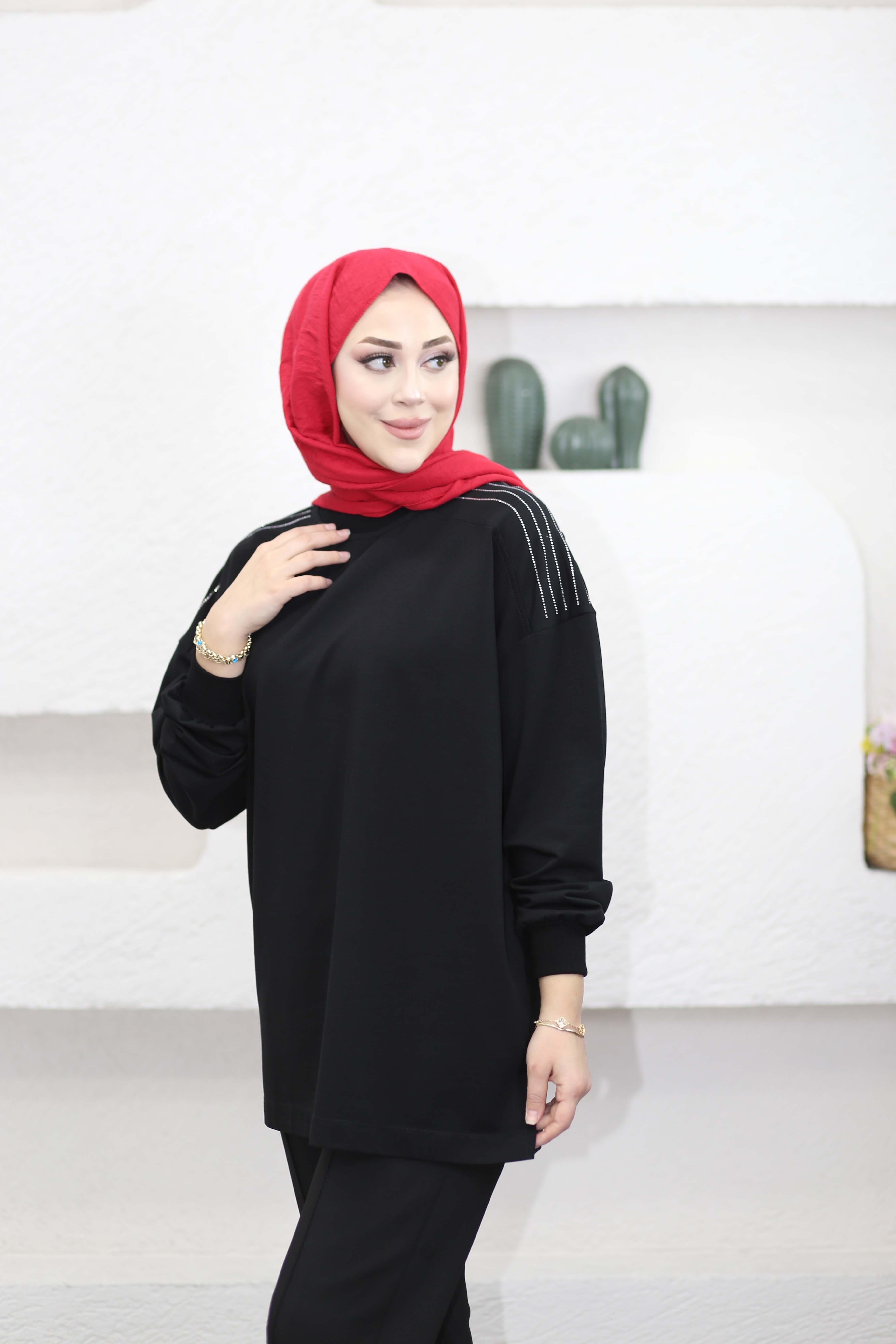 Omzu Taş Detaylı Sweat Siyah 3053