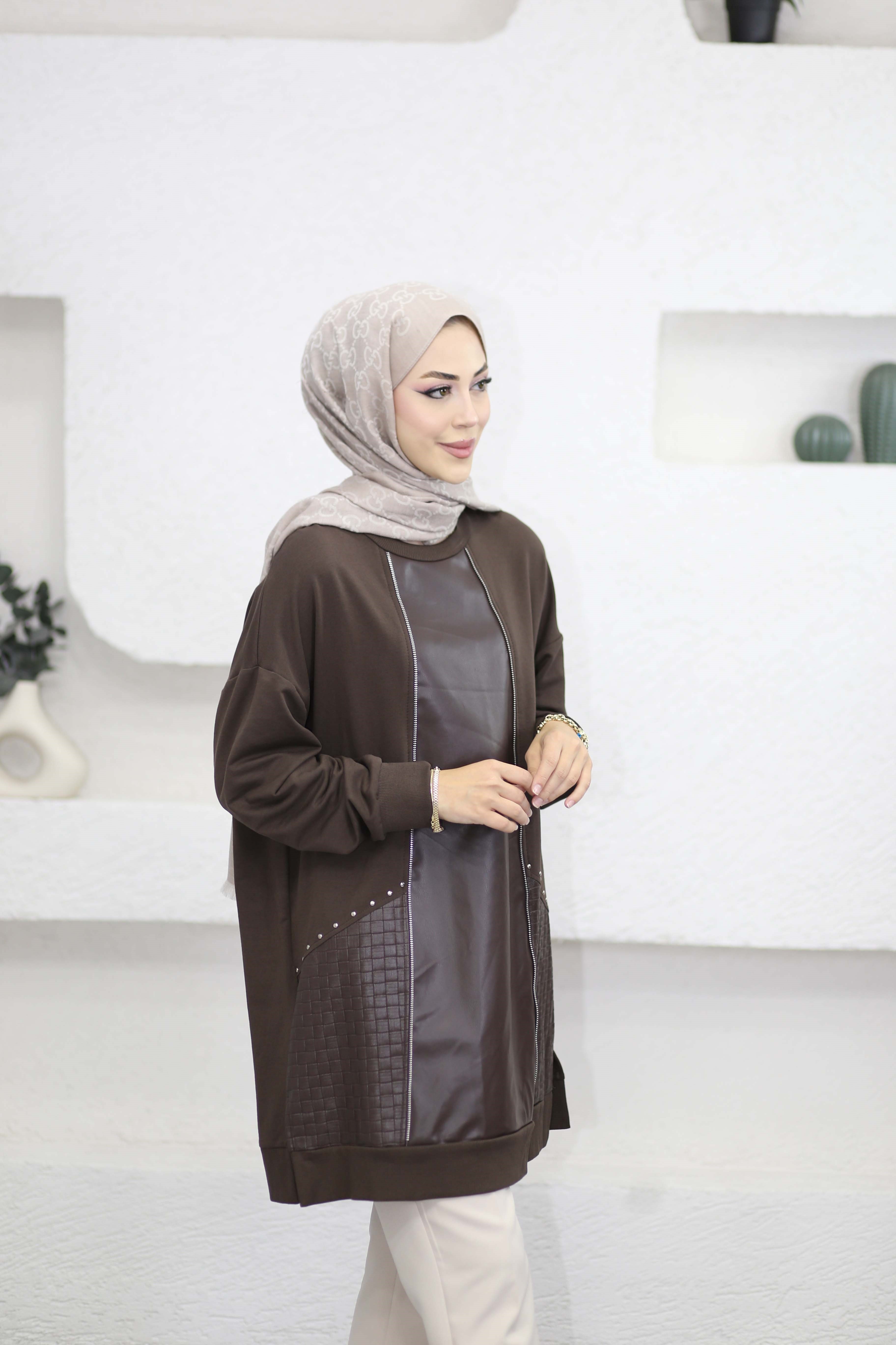 Deri Detaylı Tunik Kahverengi 10809