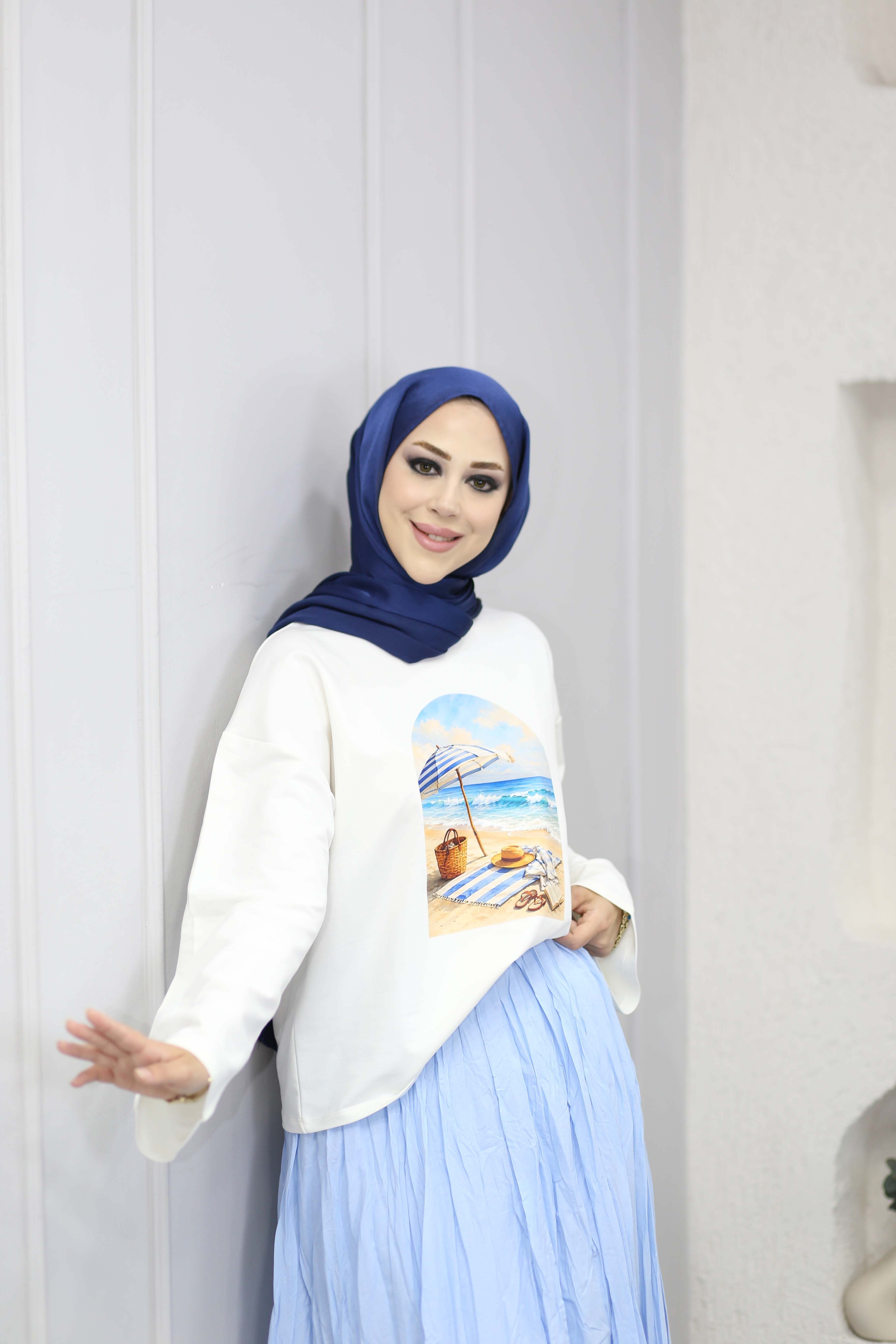 Oversize Baskılı Tişört Mavi 2792