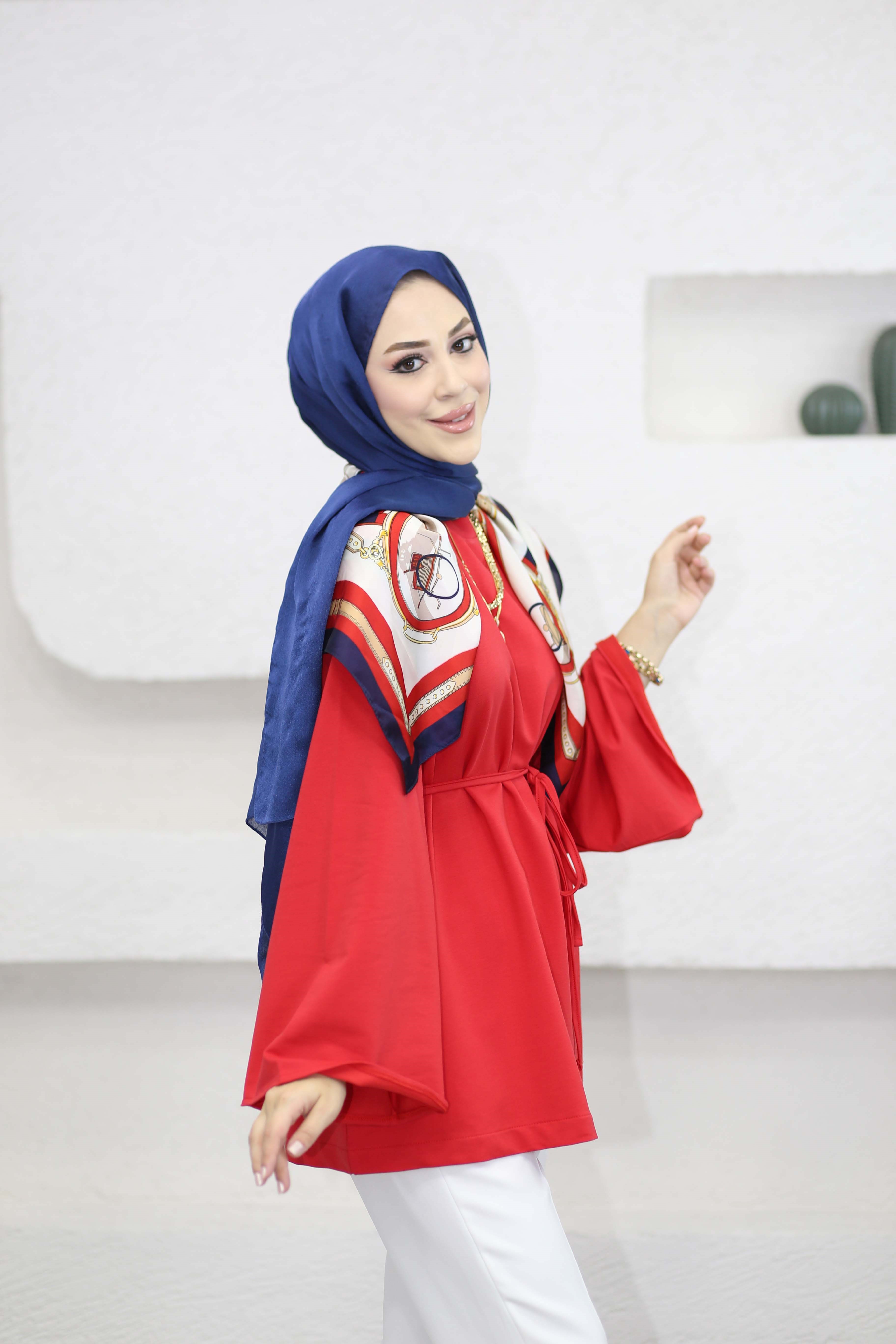 Asimetrik Kesim Bel Bağlamalı Tunik Kırmızı 3550