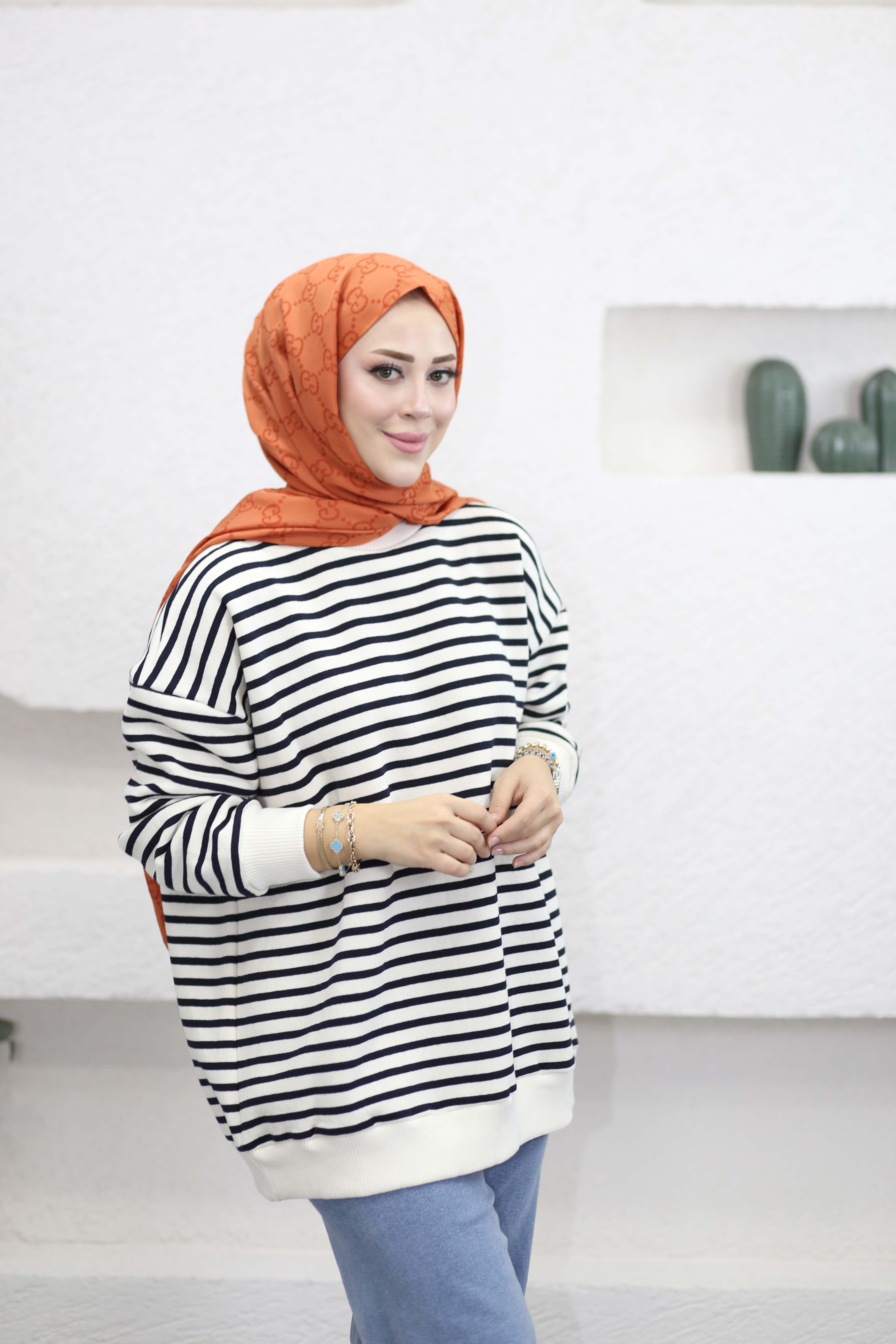 Oversize Çizgili Sweat Lacivert 3030