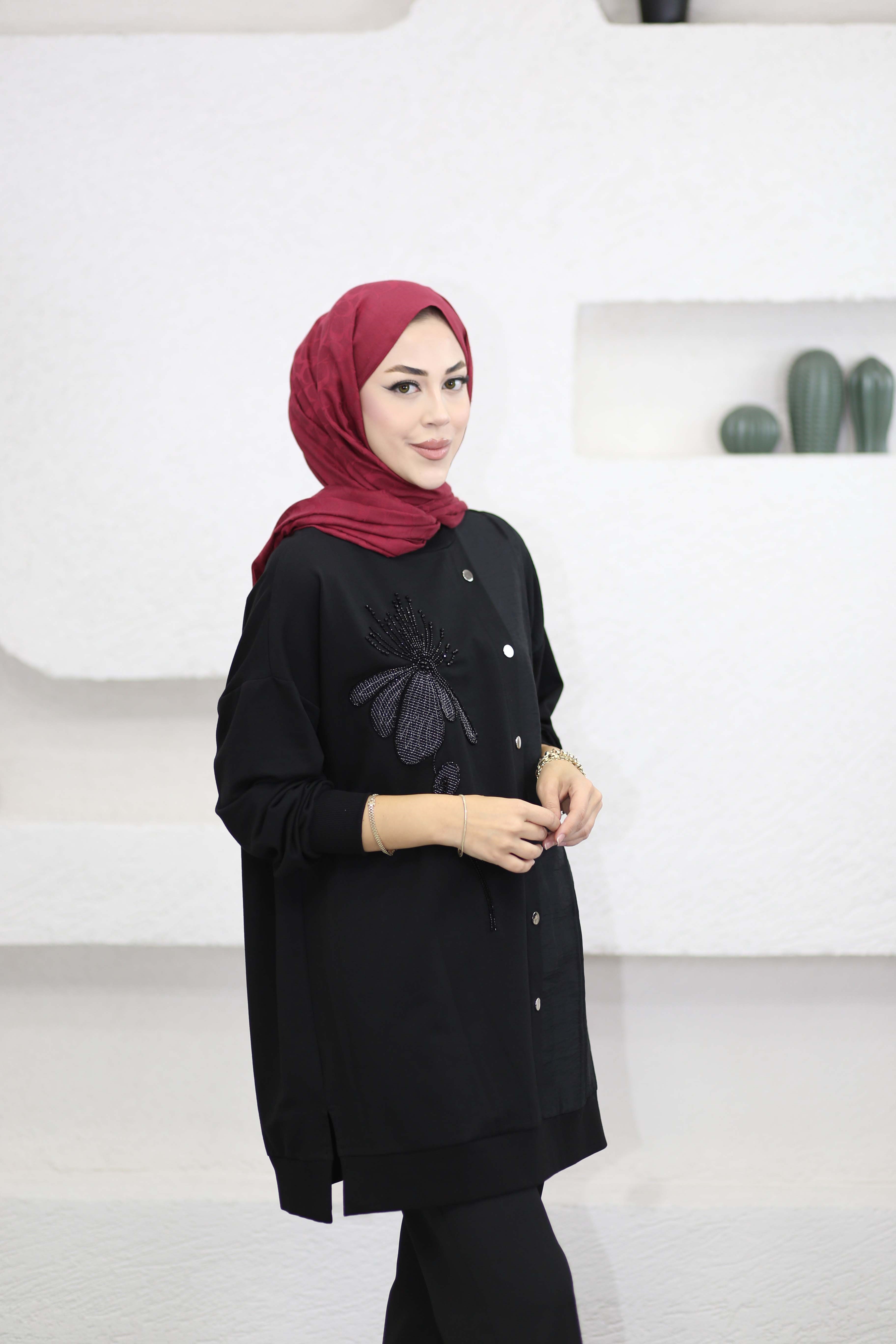 Boncuk İşleme Detaylı Sweat Siyah 10810