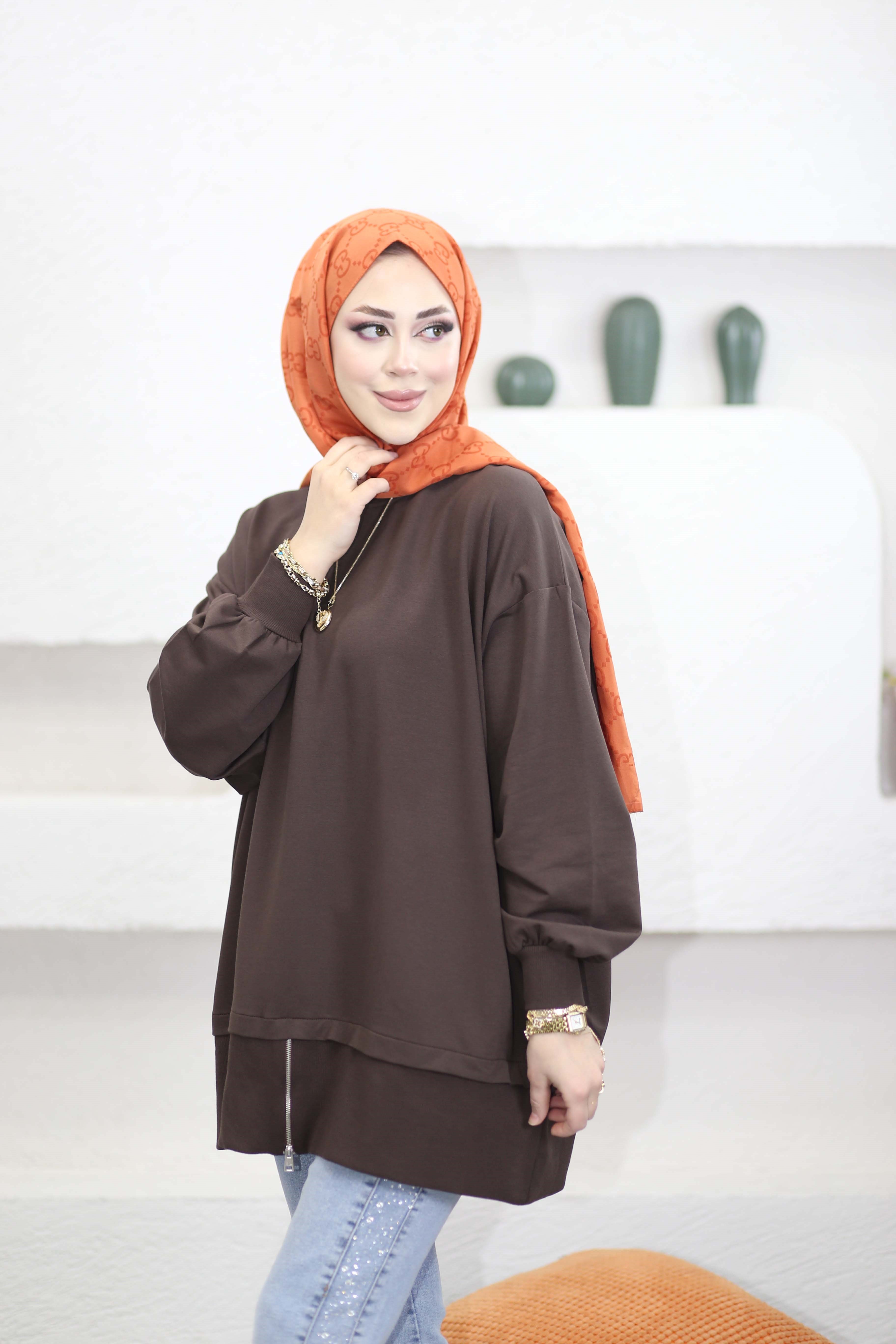 Eteği Fermuarlı Basıc Sweat Kahverengi 6284