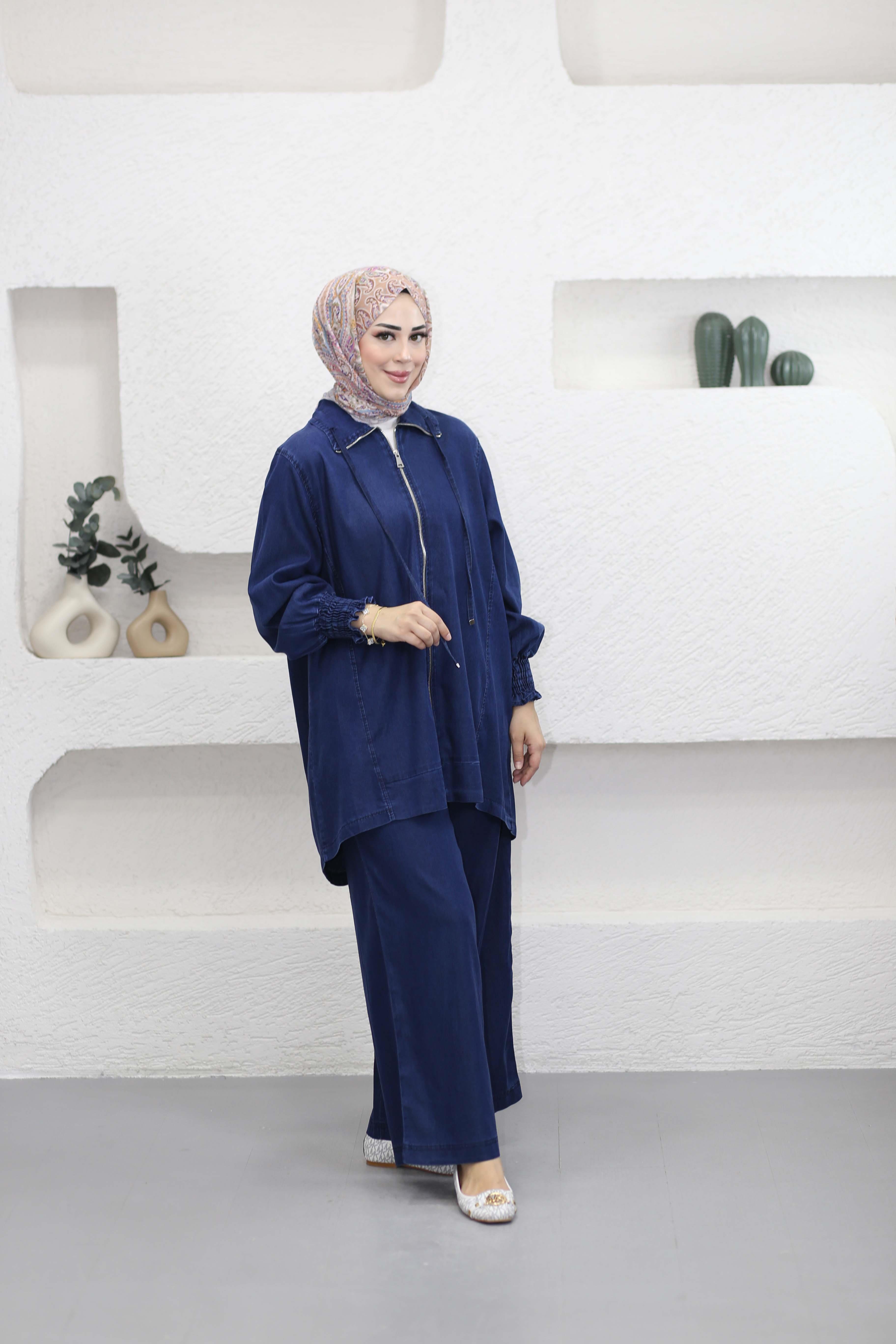 Fermuarlı Tencel Takım Koyu Mavi 5833