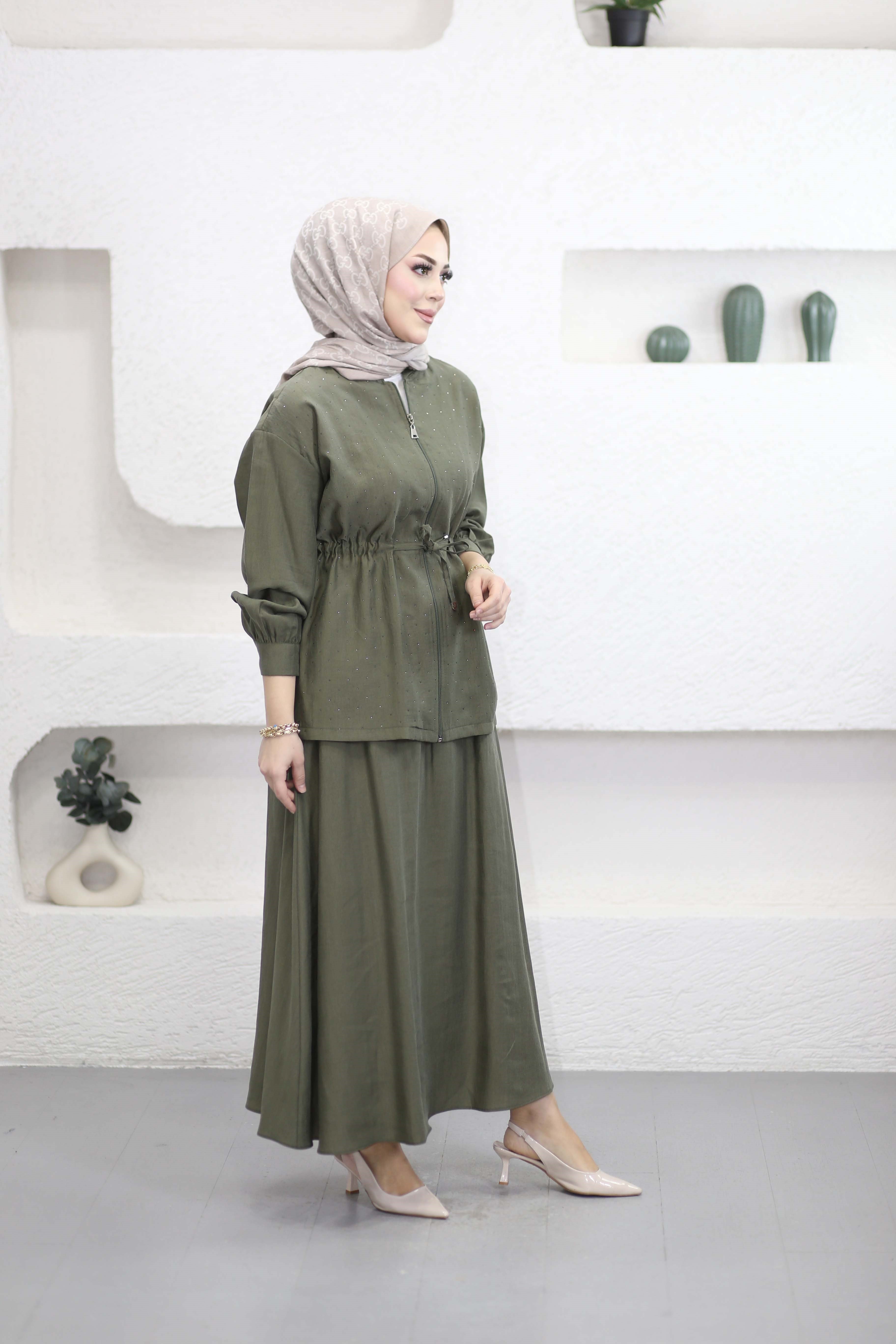 Beli Tünelli Etekli Shine Takım Haki 4466