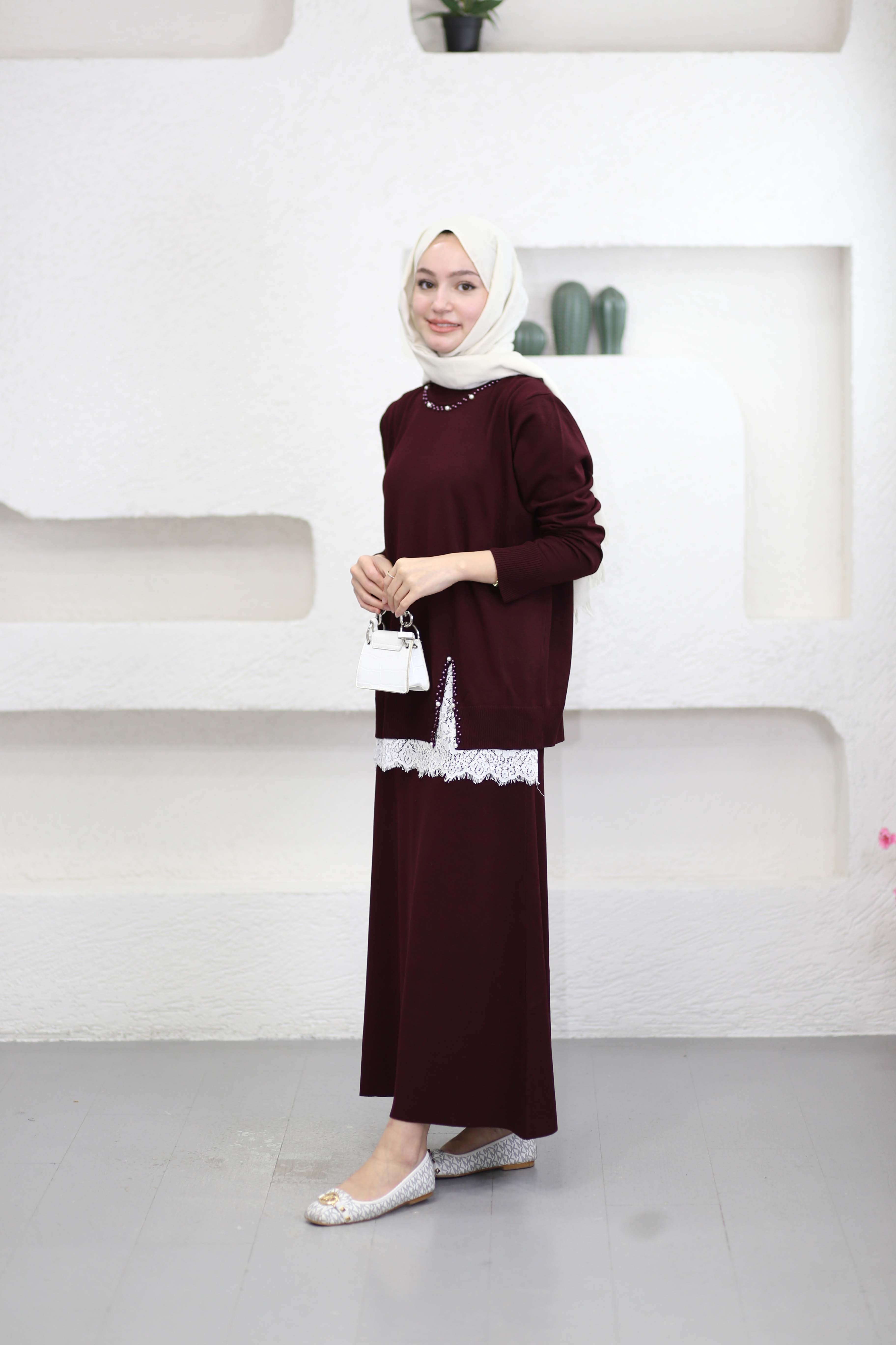 İnci Etekli Triko Takım Bordo 26073
