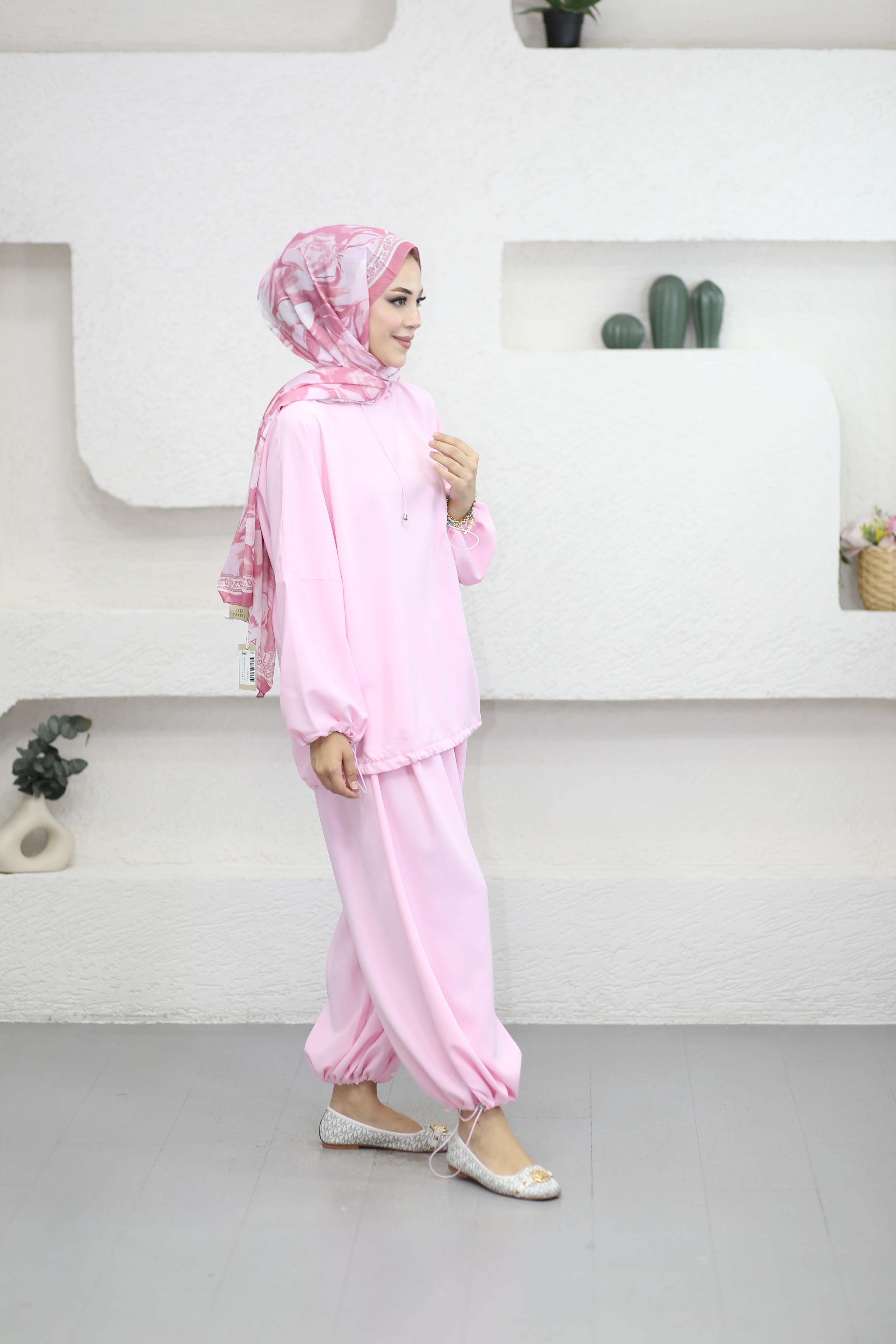 Kapşonlu Şalvar Takım Şeker Pembe 5019