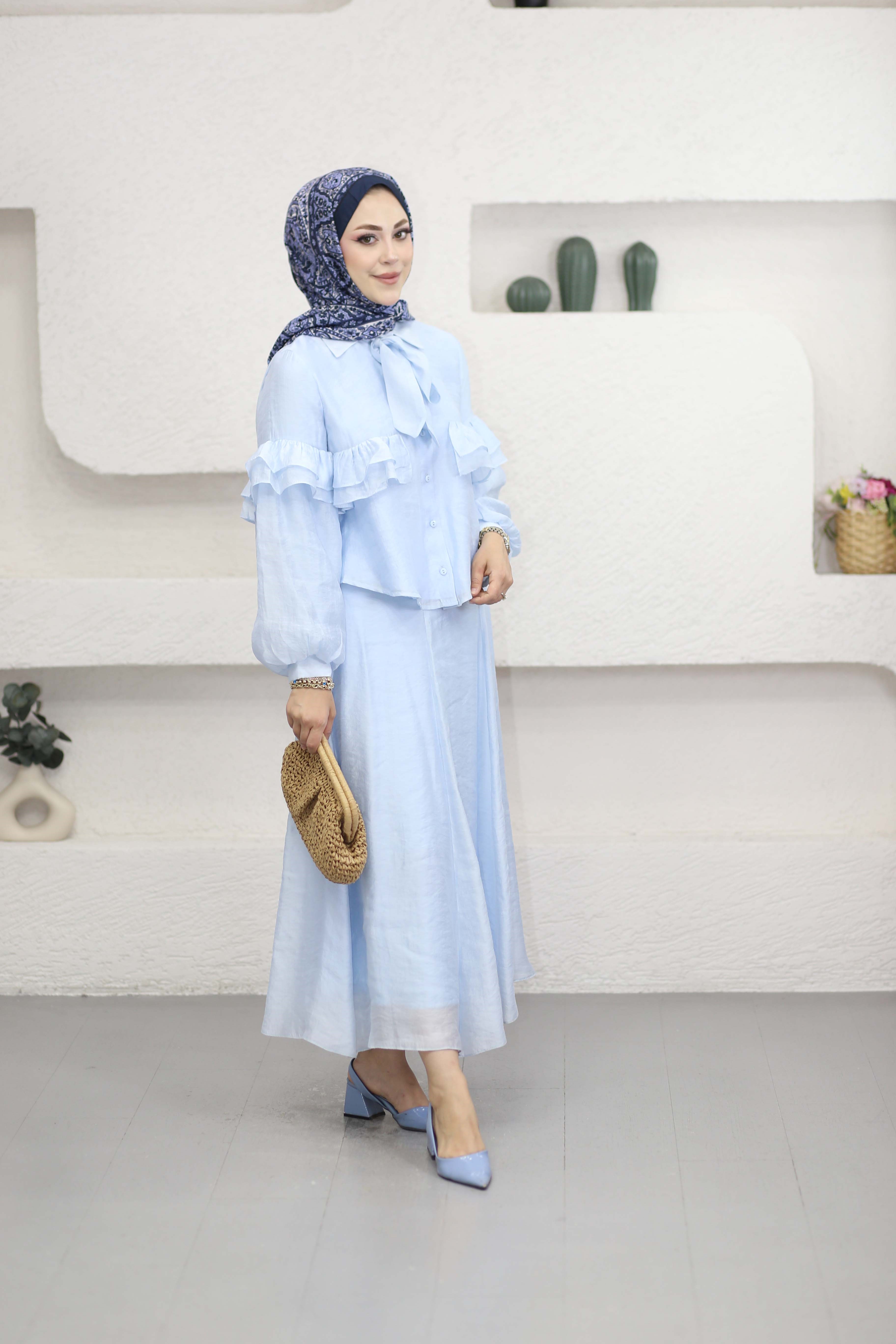 Yaka Kuşaklı Fırfır Takım Bebe Mavi 3229