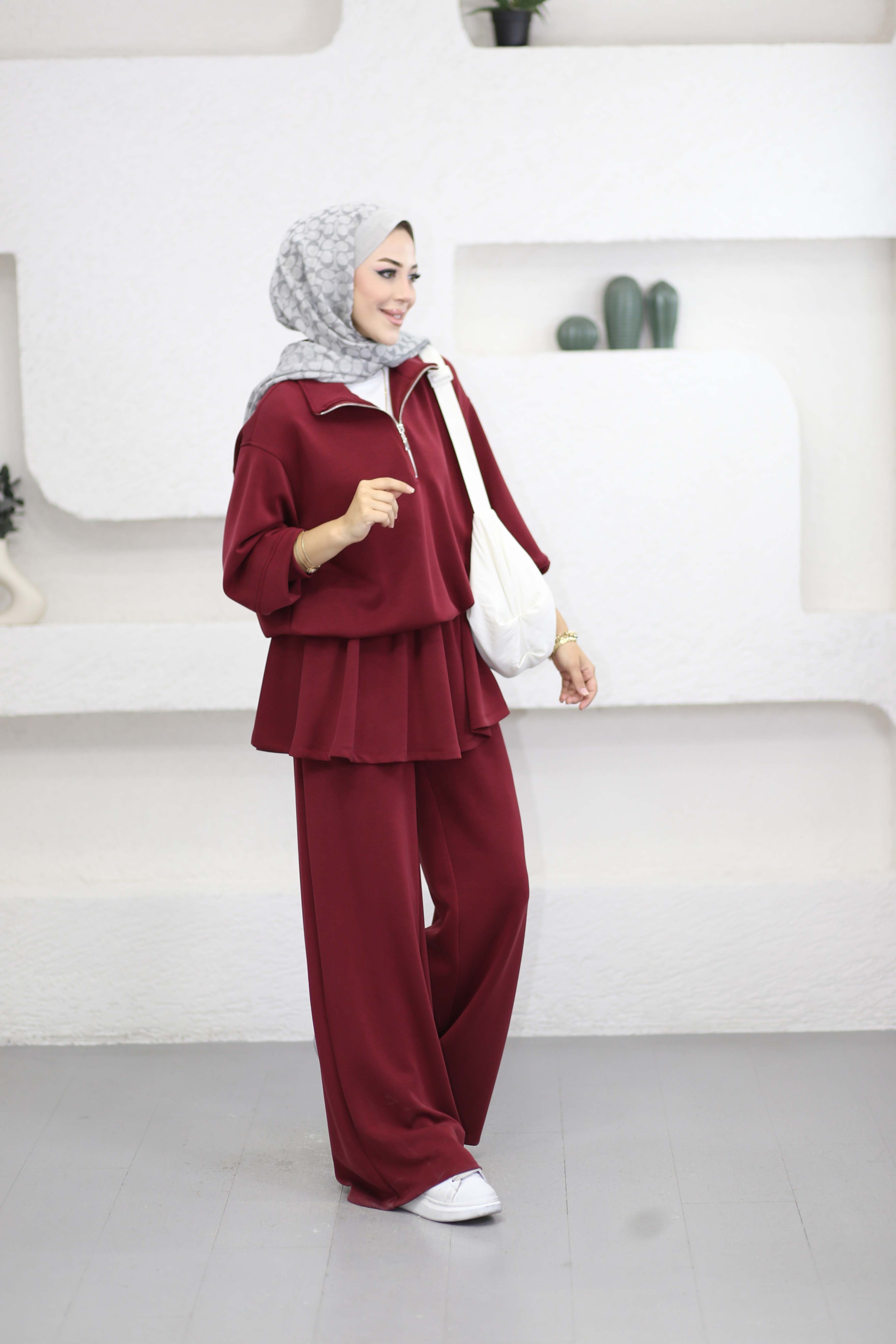 Dik Yaka Beli Büzgülü Takım Bordo 26234