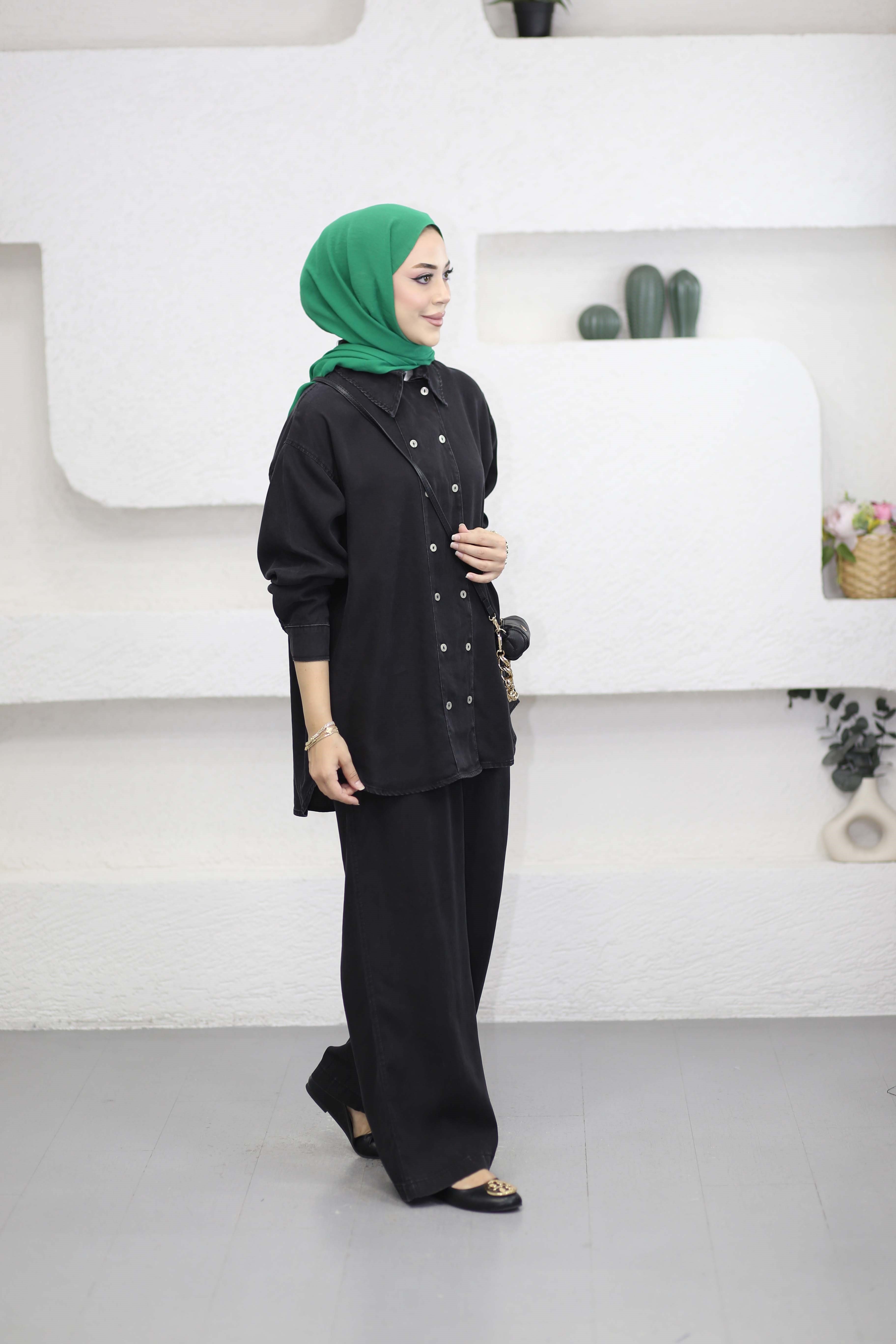 Çift Düğmeli Denim Takım Siyah 6295