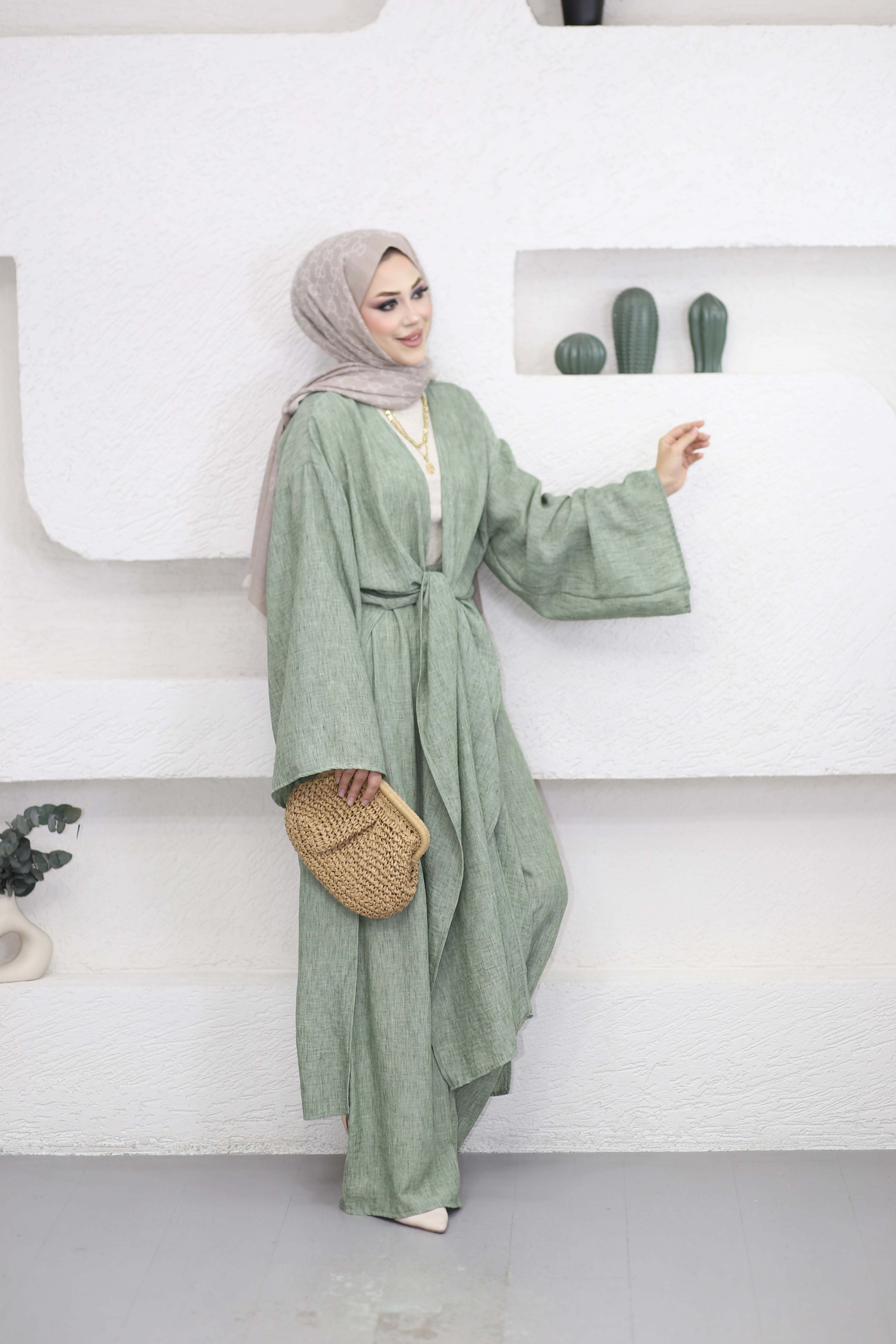 Pantolonlu Abaya Takım Yeşil 5813
