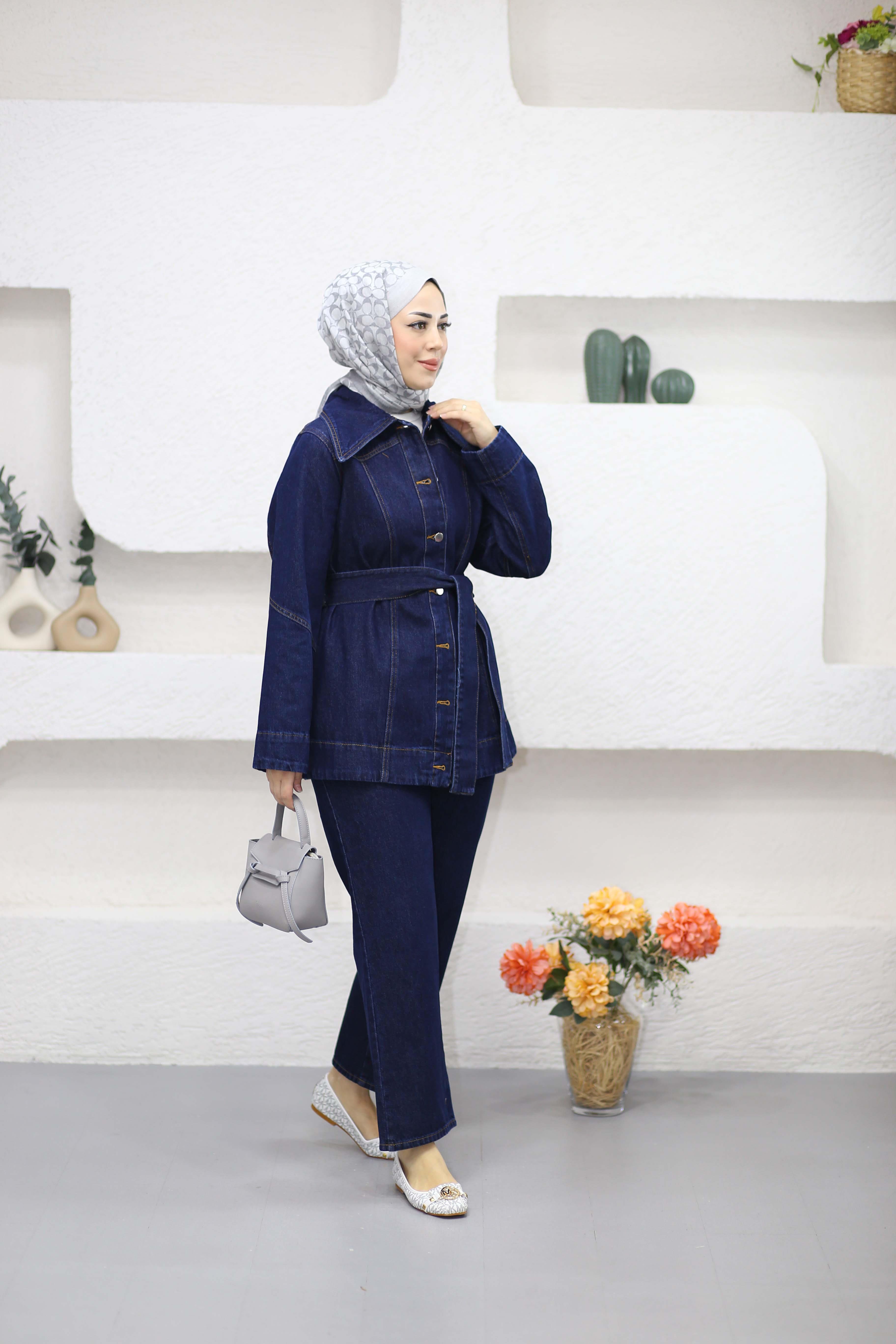 Düğmeli Denim Takım Koyu Mavi 9010