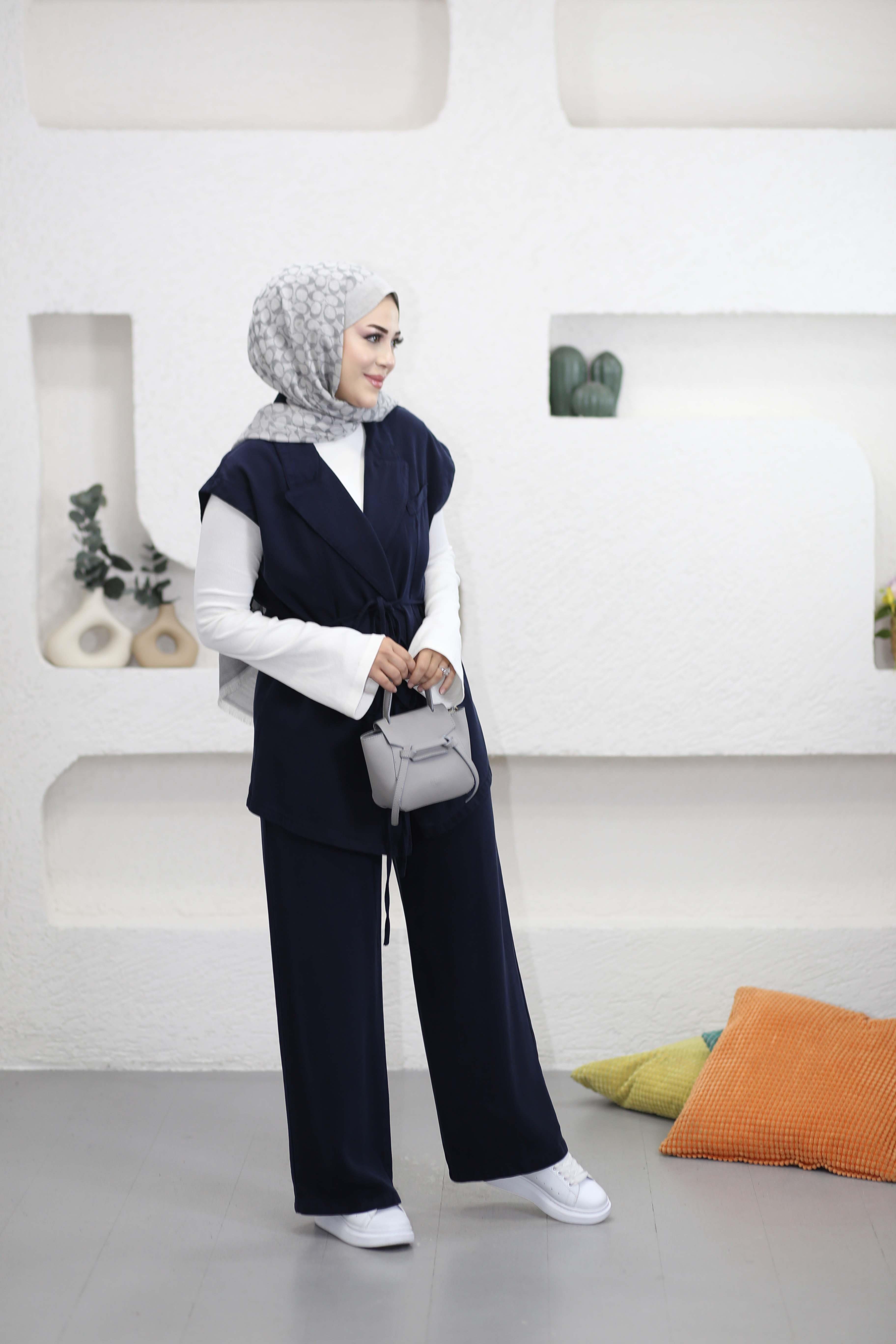 Bağlamalı Denim Yelek Takım Lacivert 7422