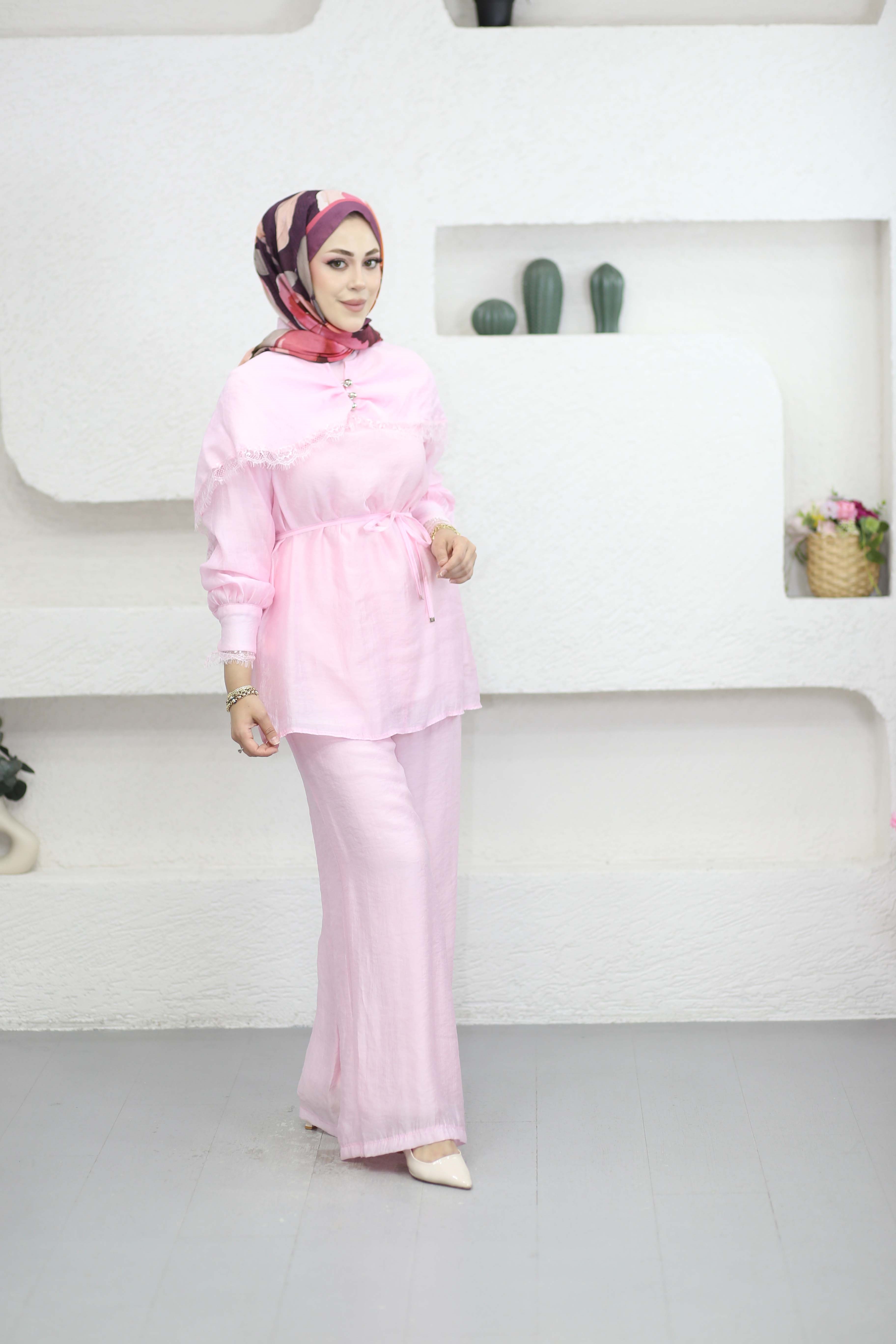 Allerli Dantel Detaylı Takım Pembe 8641