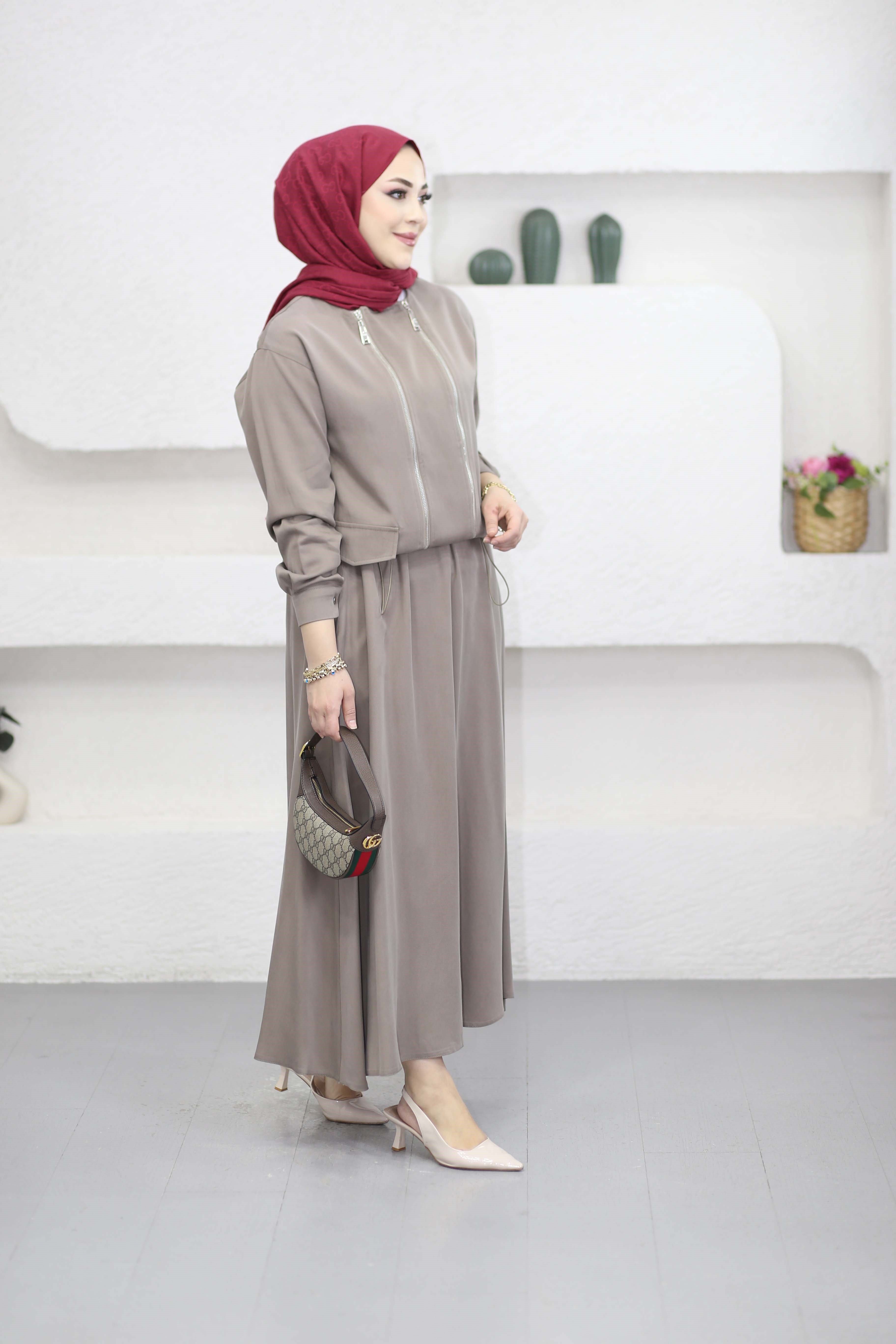 Çift Fermuarlı Etekli Takım Vizon 1535