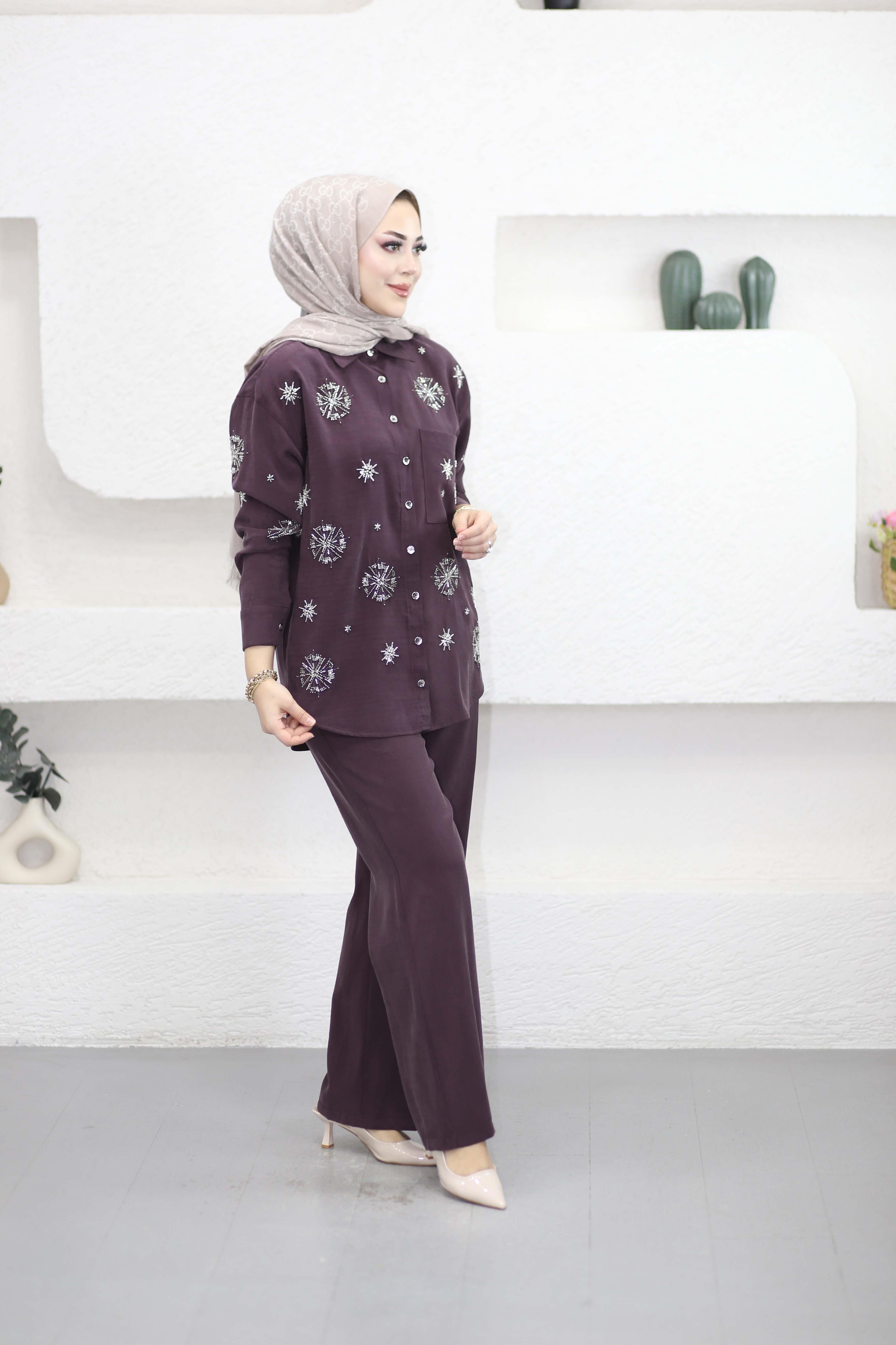 Boncuk İşlemeli Güneş Takım Mürdüm 1480